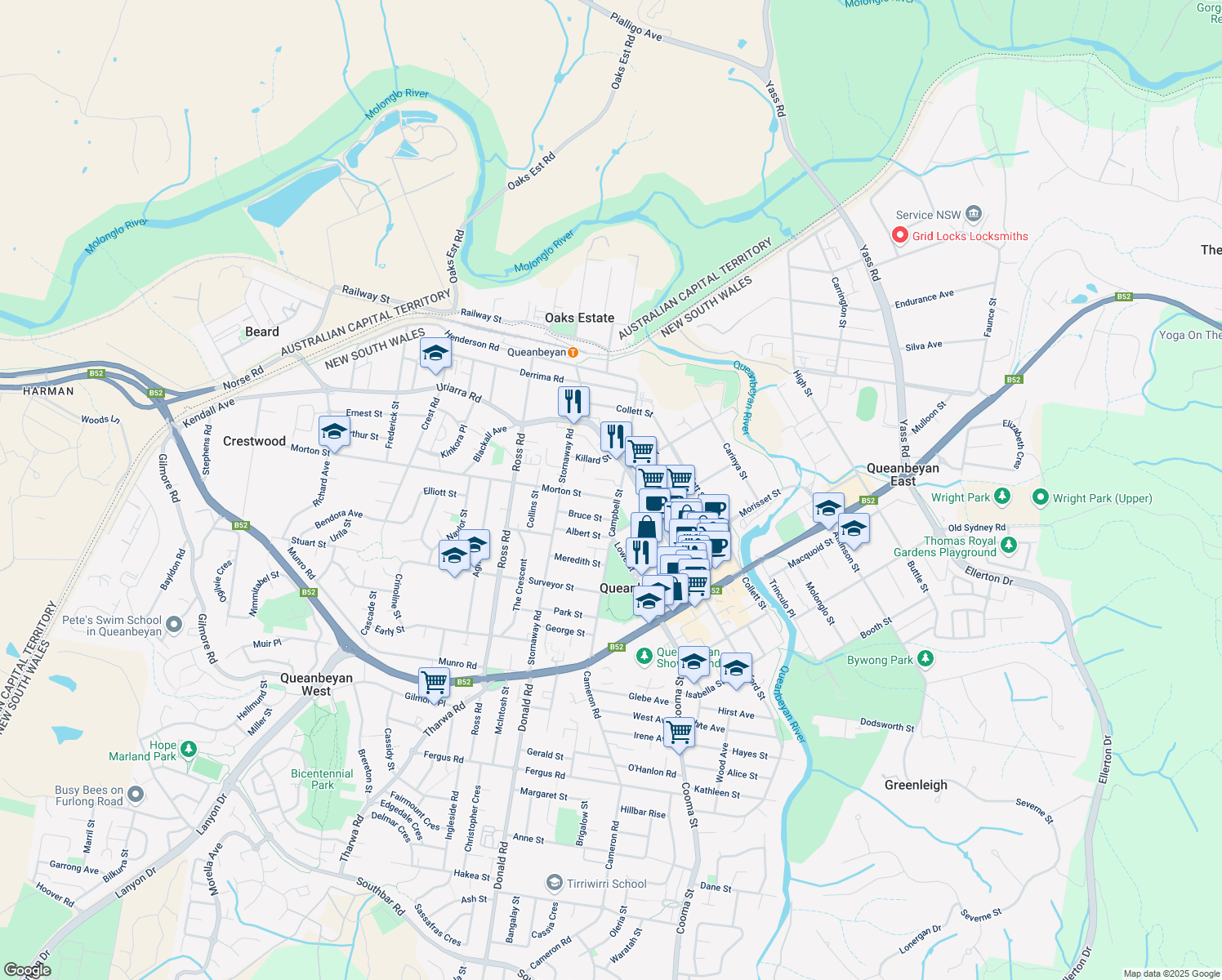 map of restaurants, bars, coffee shops, grocery stores, and more near 17 Campbell Street in Queanbeyan