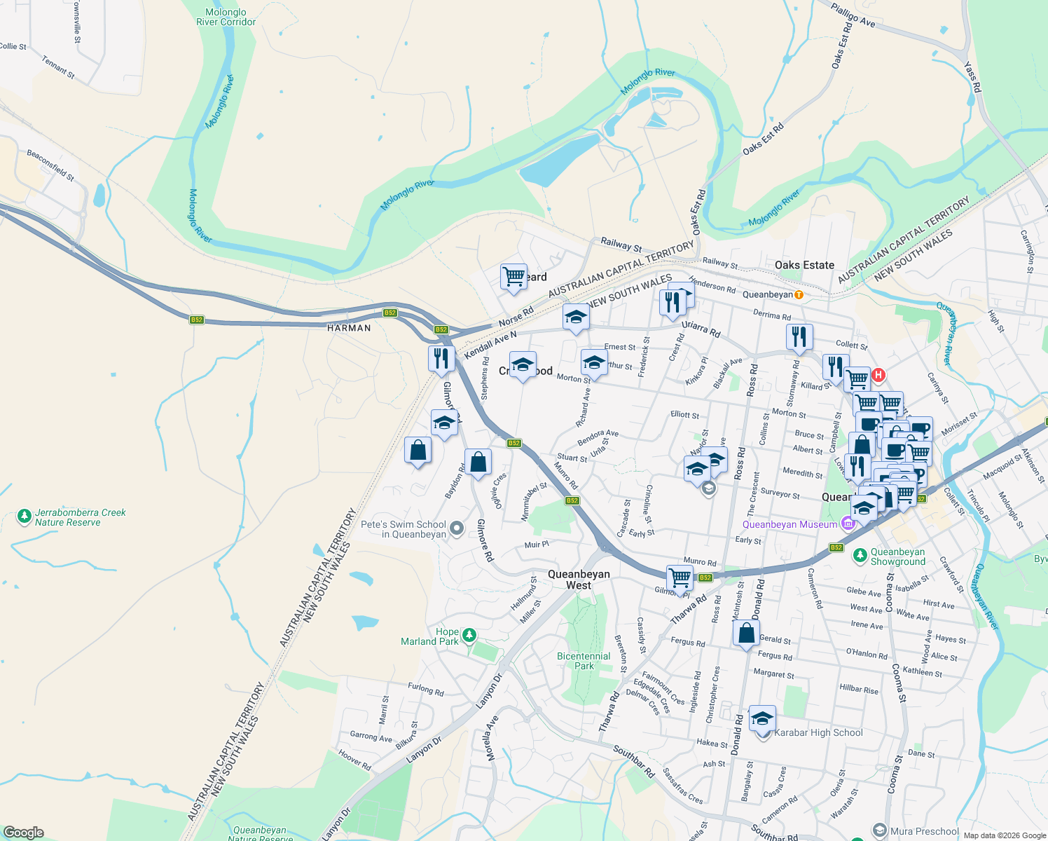 map of restaurants, bars, coffee shops, grocery stores, and more near 54 Lorn Road in Crestwood