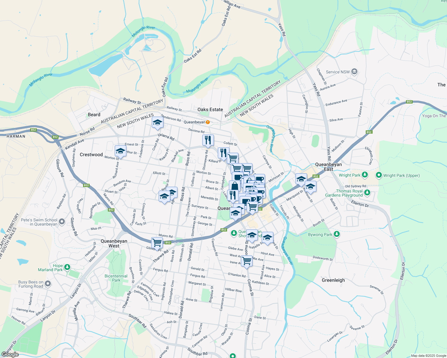 map of restaurants, bars, coffee shops, grocery stores, and more near 26 Campbell Street in Queanbeyan
