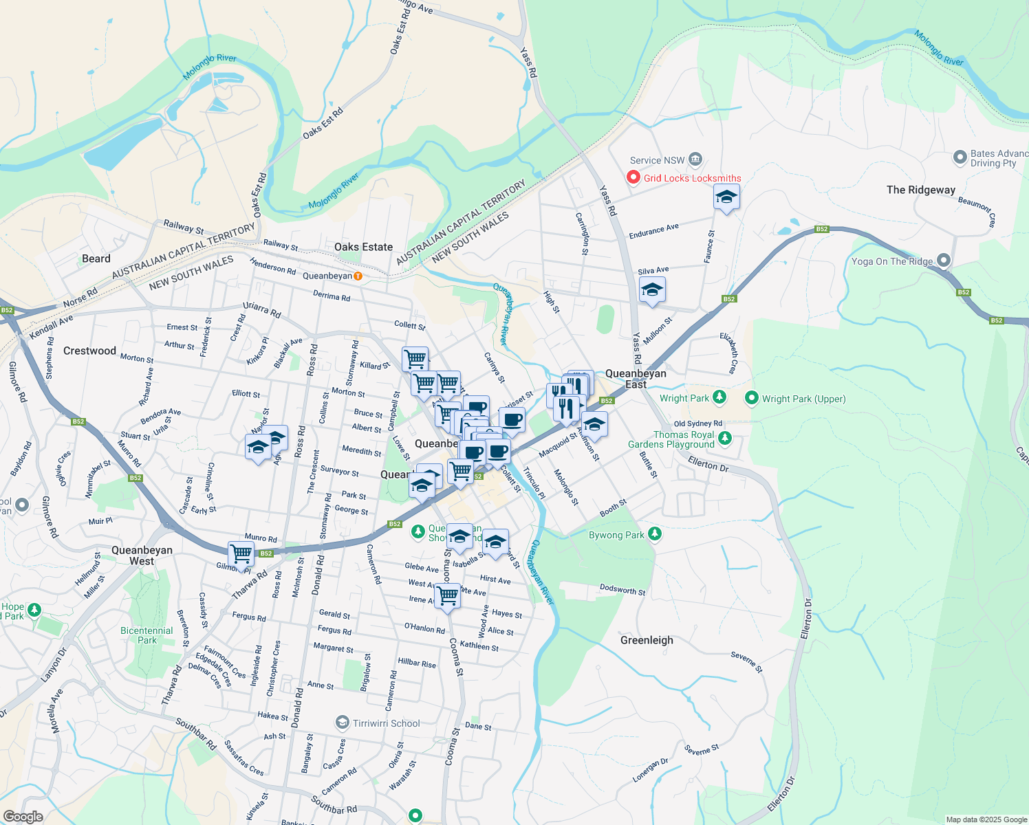 map of restaurants, bars, coffee shops, grocery stores, and more near 41A Morisset Street in Queanbeyan