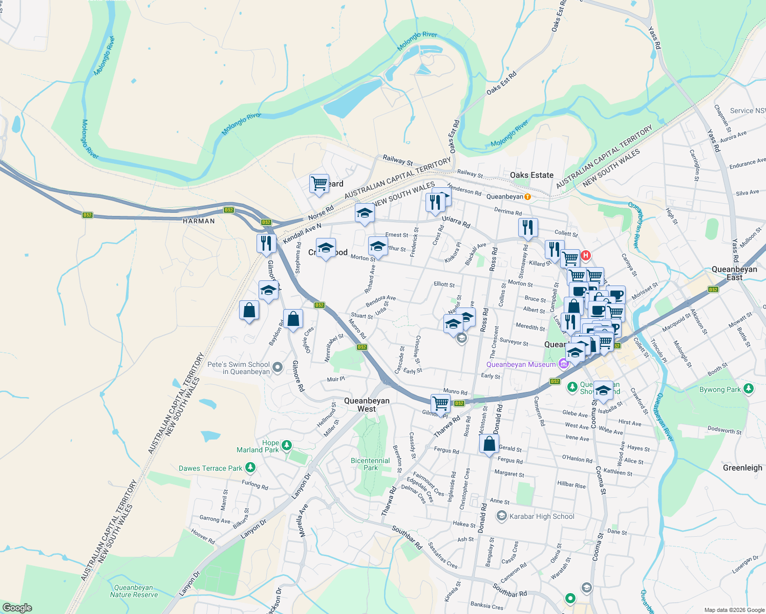 map of restaurants, bars, coffee shops, grocery stores, and more near 6 Urila Street in Crestwood