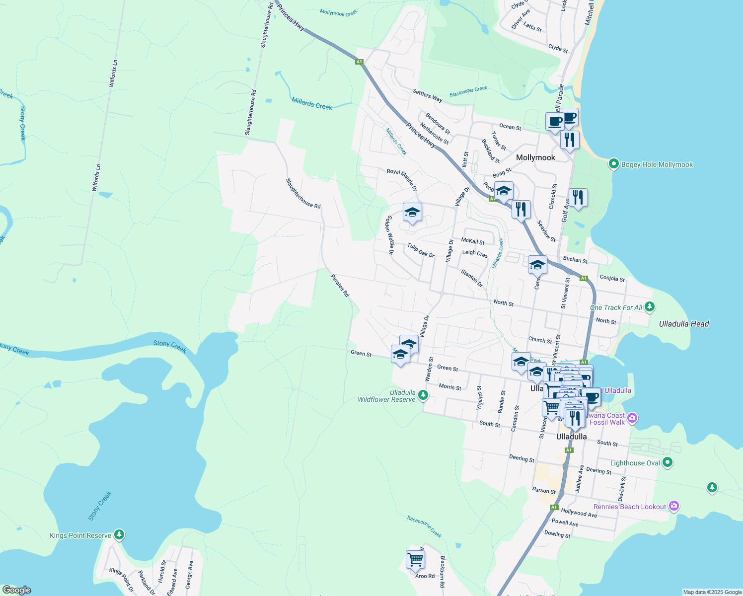 map of restaurants, bars, coffee shops, grocery stores, and more near 36 White Gum Road in Ulladulla