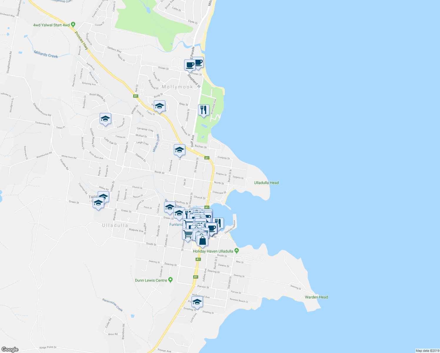 map of restaurants, bars, coffee shops, grocery stores, and more near 10 Dolphin Street in Ulladulla