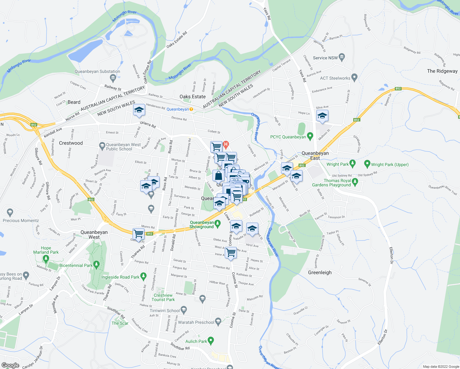 map of restaurants, bars, coffee shops, grocery stores, and more near in Queanbeyan