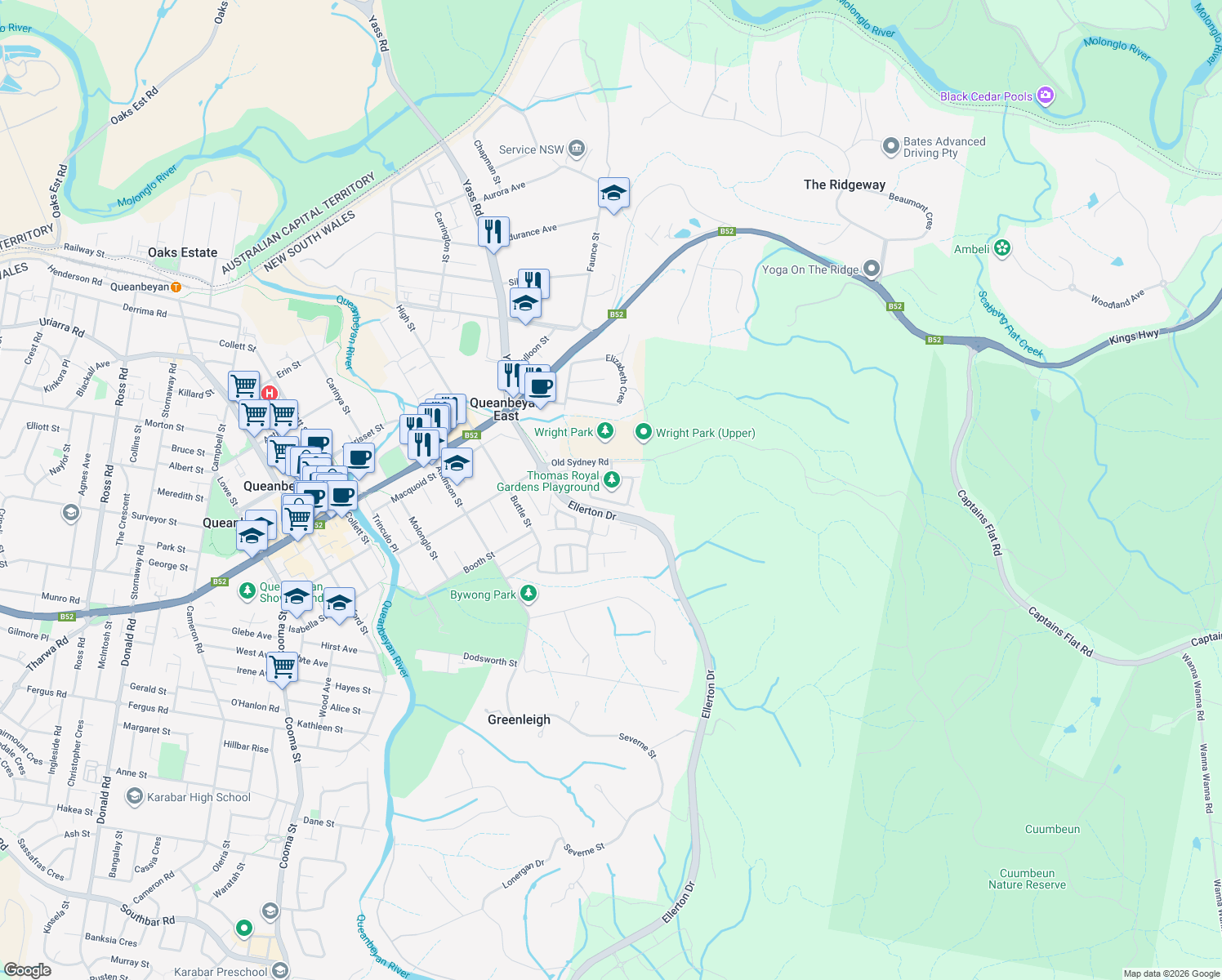 map of restaurants, bars, coffee shops, grocery stores, and more near 26 Thomas Royal Gardens in Queanbeyan East
