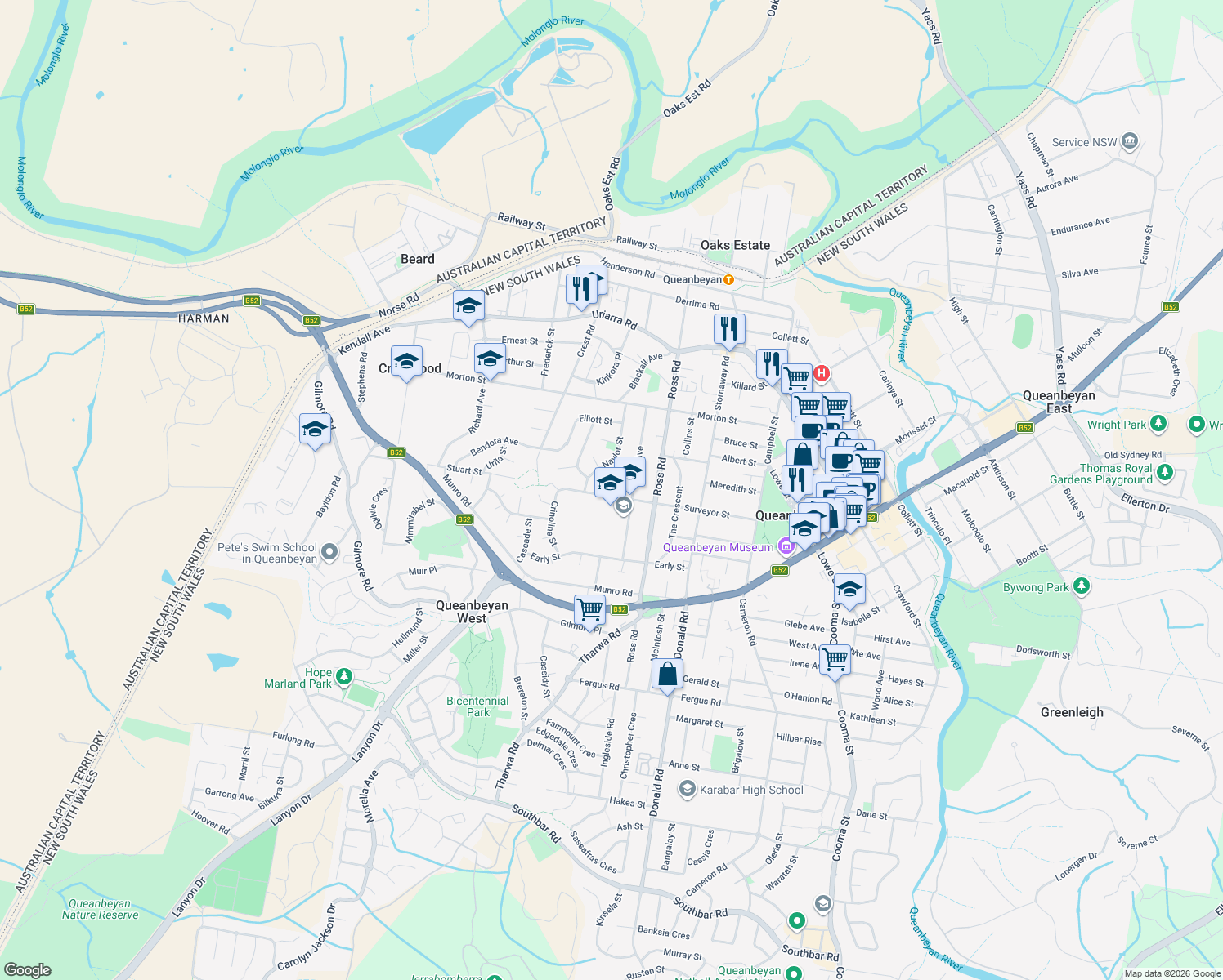 map of restaurants, bars, coffee shops, grocery stores, and more near 49 Surveyor Street in Crestwood