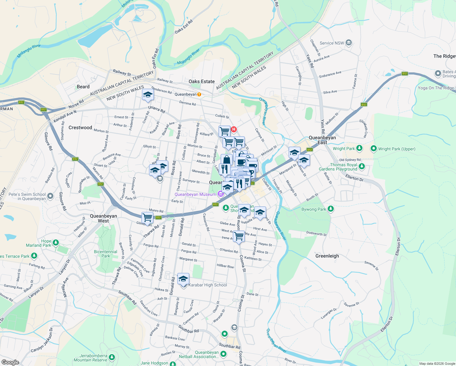 map of restaurants, bars, coffee shops, grocery stores, and more near 32 Lowe Street in Queanbeyan