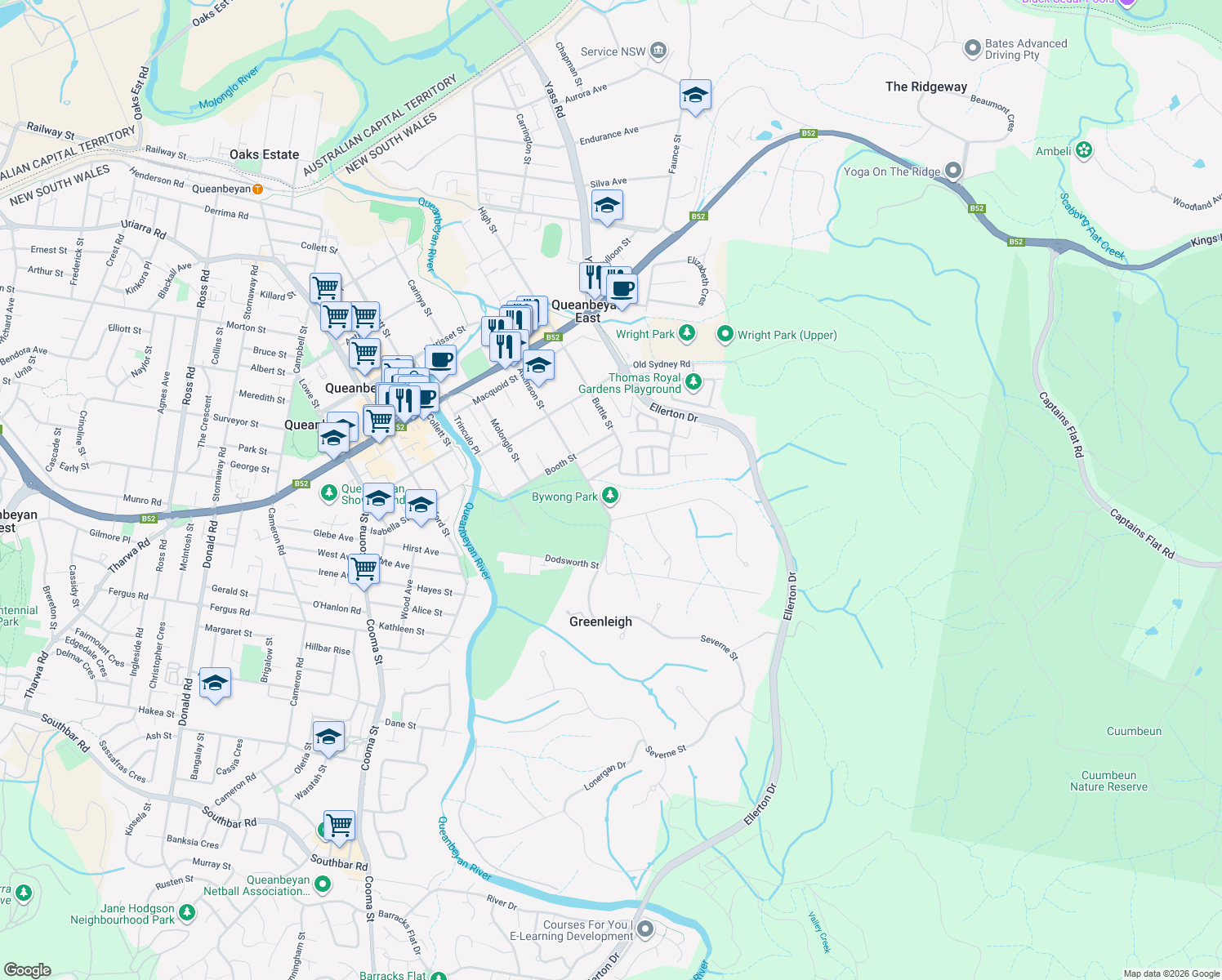 map of restaurants, bars, coffee shops, grocery stores, and more near 7 Bywong Street in Queanbeyan East
