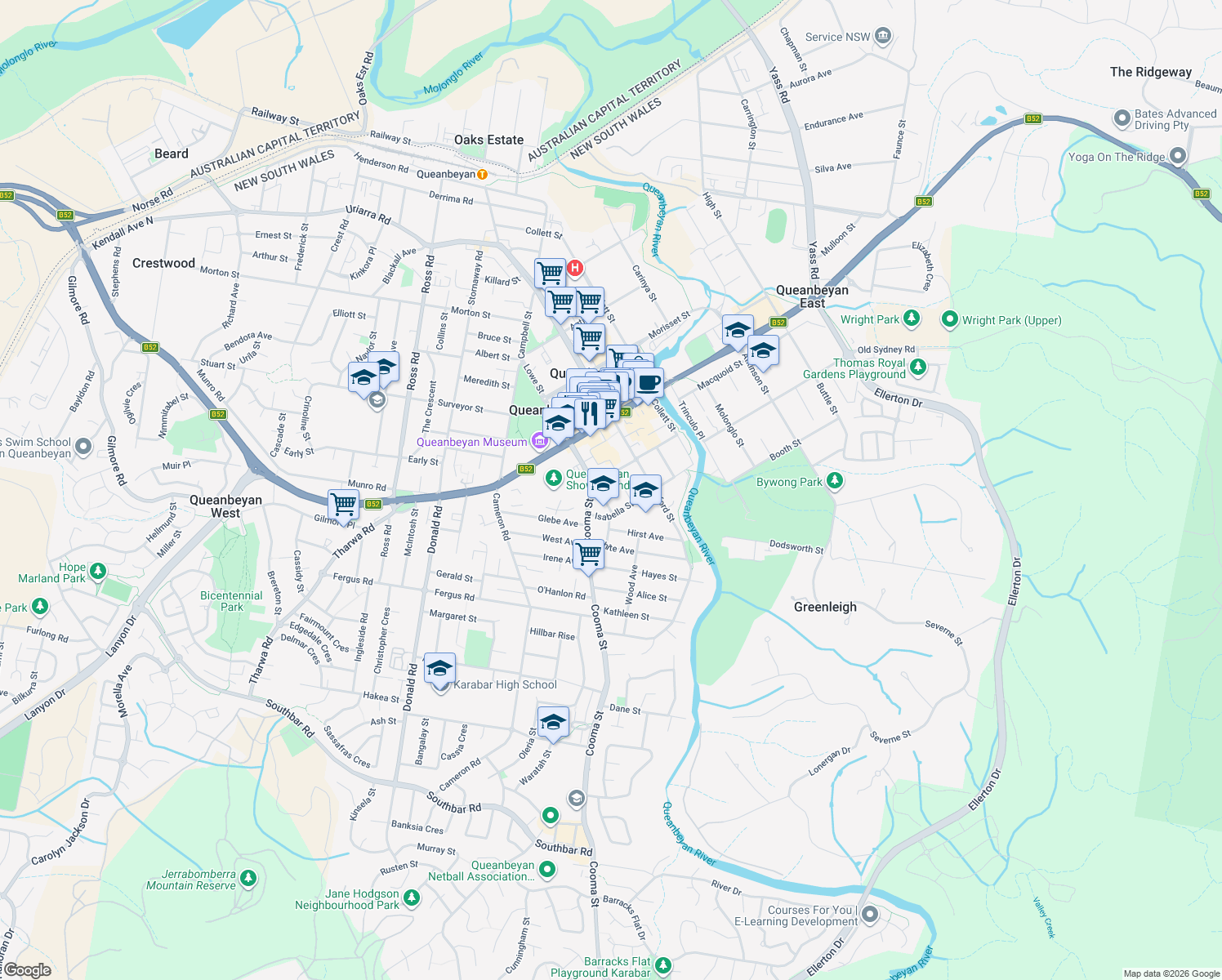 map of restaurants, bars, coffee shops, grocery stores, and more near 72 Lowe Street in Queanbeyan