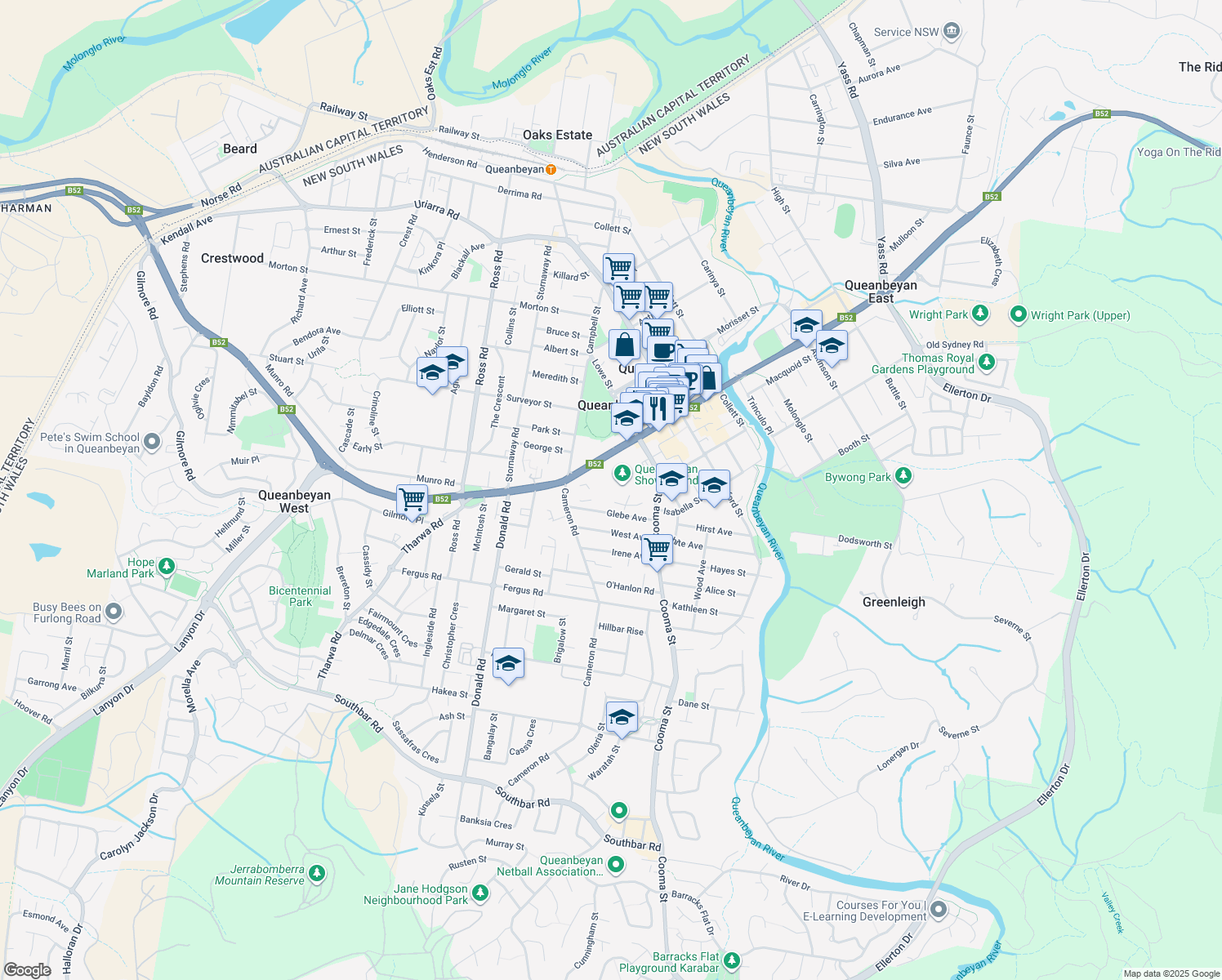 map of restaurants, bars, coffee shops, grocery stores, and more near 19 Farrer Place in Queanbeyan