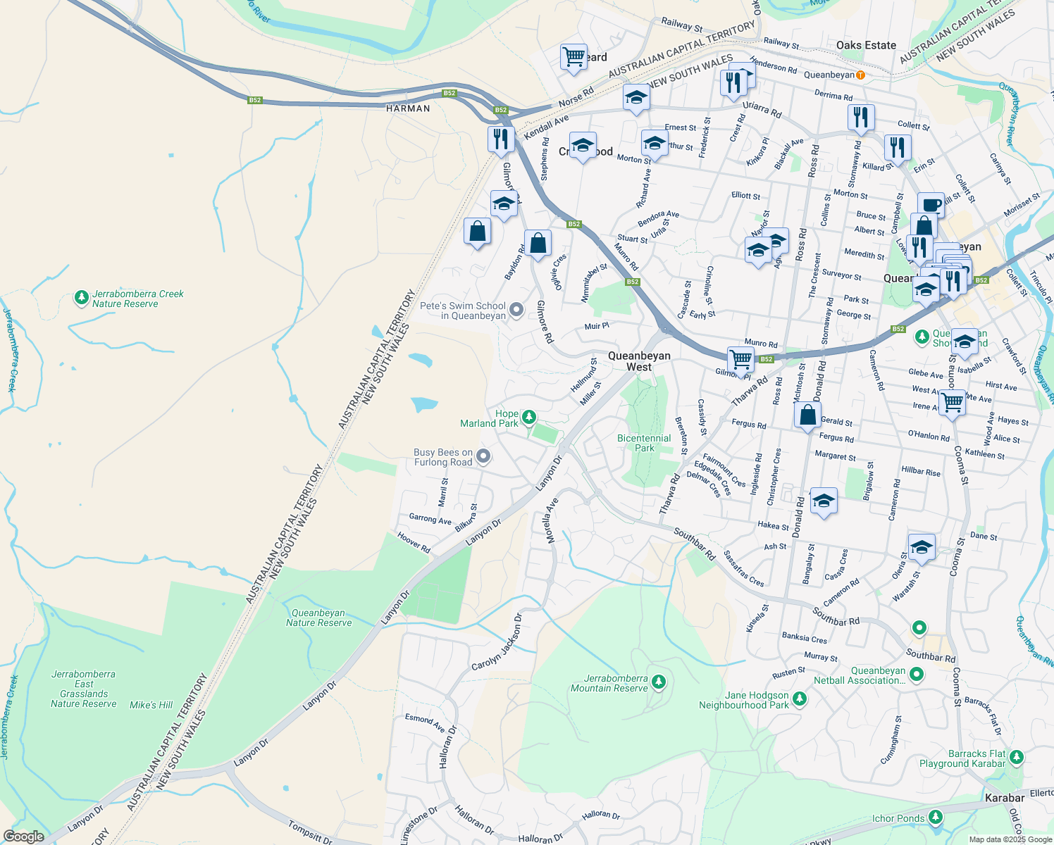 map of restaurants, bars, coffee shops, grocery stores, and more near 35 Maloney Street in Queanbeyan West
