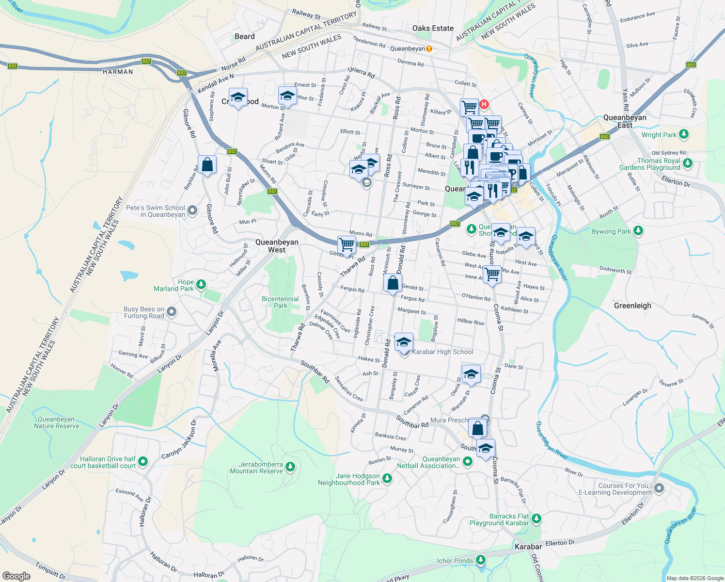map of restaurants, bars, coffee shops, grocery stores, and more near Ingleside Road in Queanbeyan
