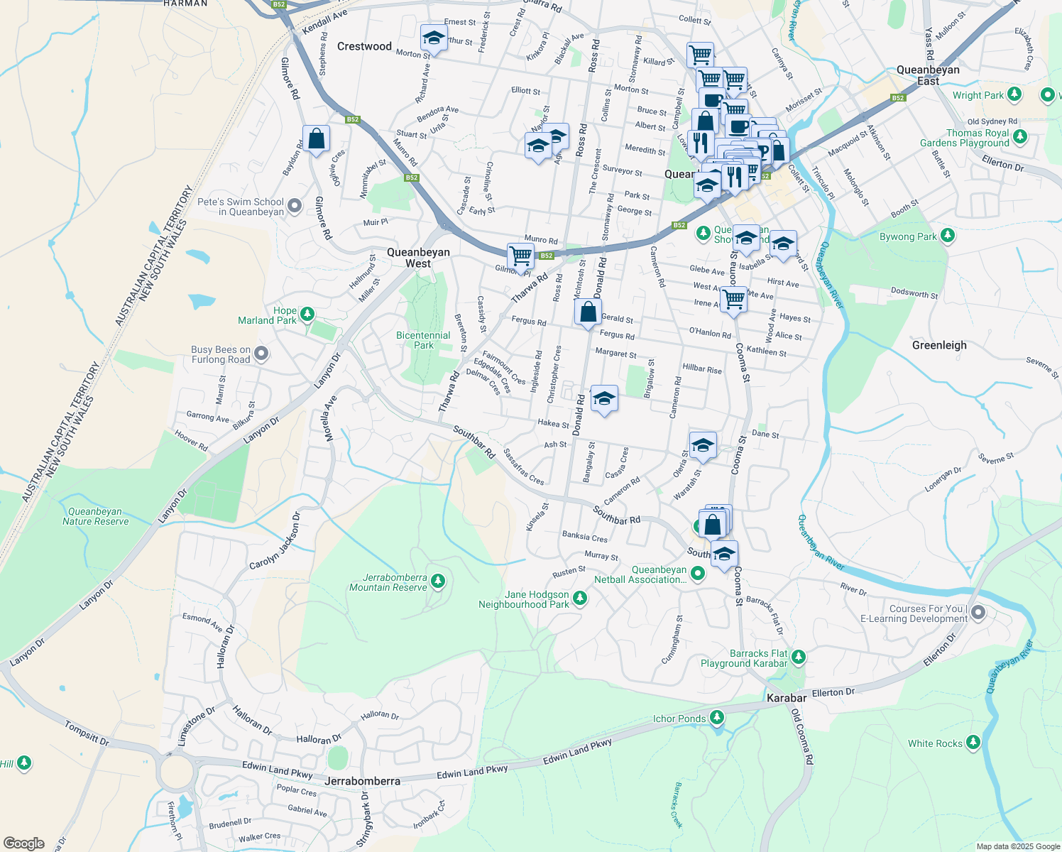 map of restaurants, bars, coffee shops, grocery stores, and more near 80 Sassafras Crescent in Karabar