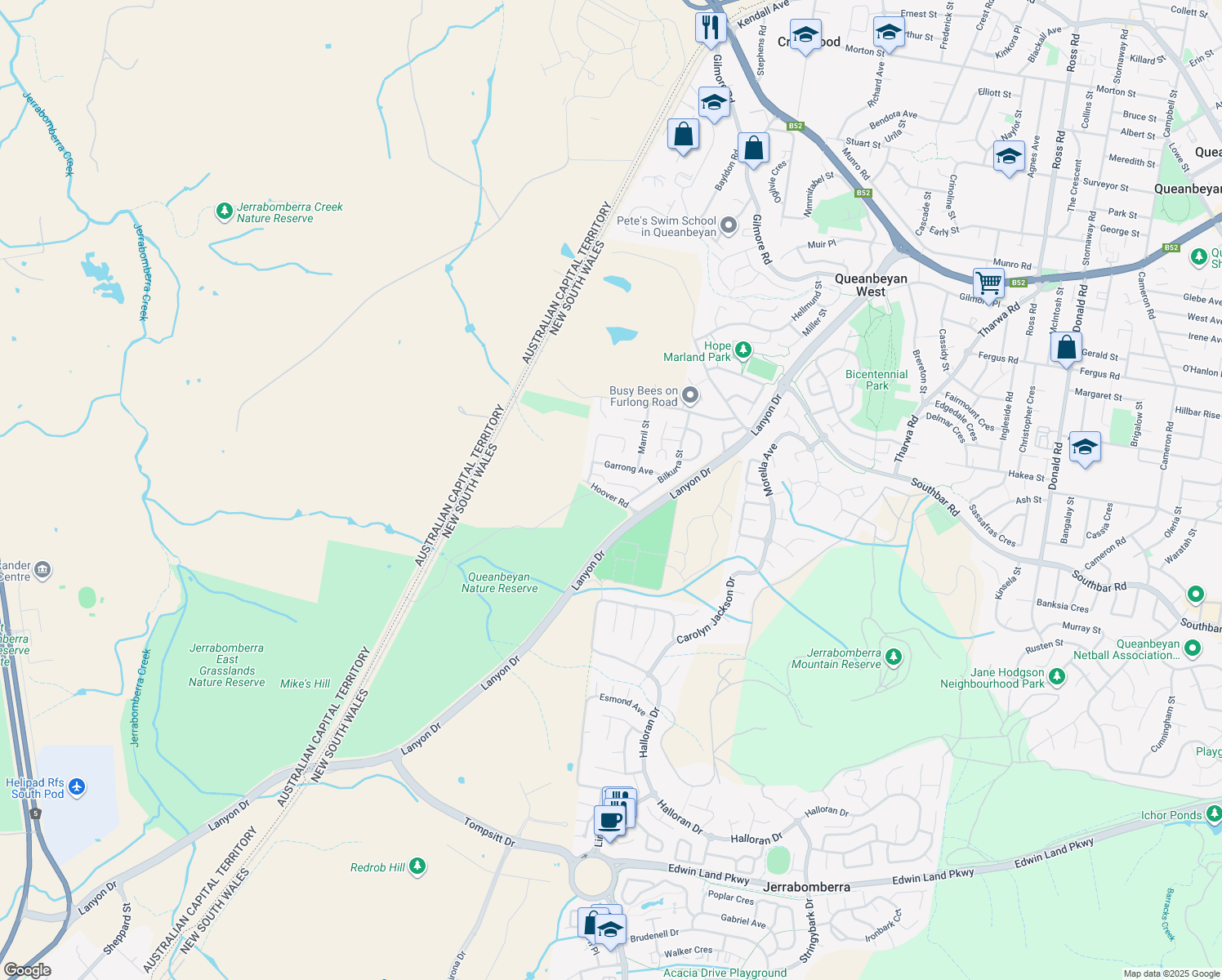map of restaurants, bars, coffee shops, grocery stores, and more near 3-23 Hoover Road in Queanbeyan West