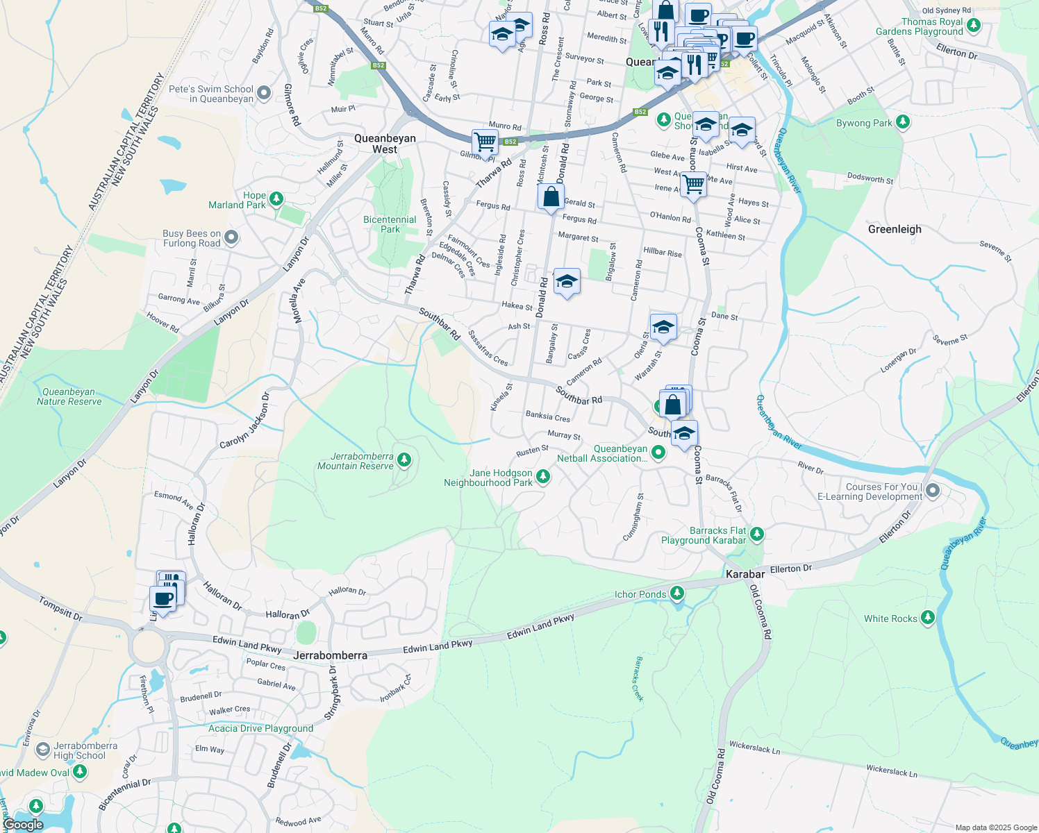 map of restaurants, bars, coffee shops, grocery stores, and more near 157 Donald Road in Karabar