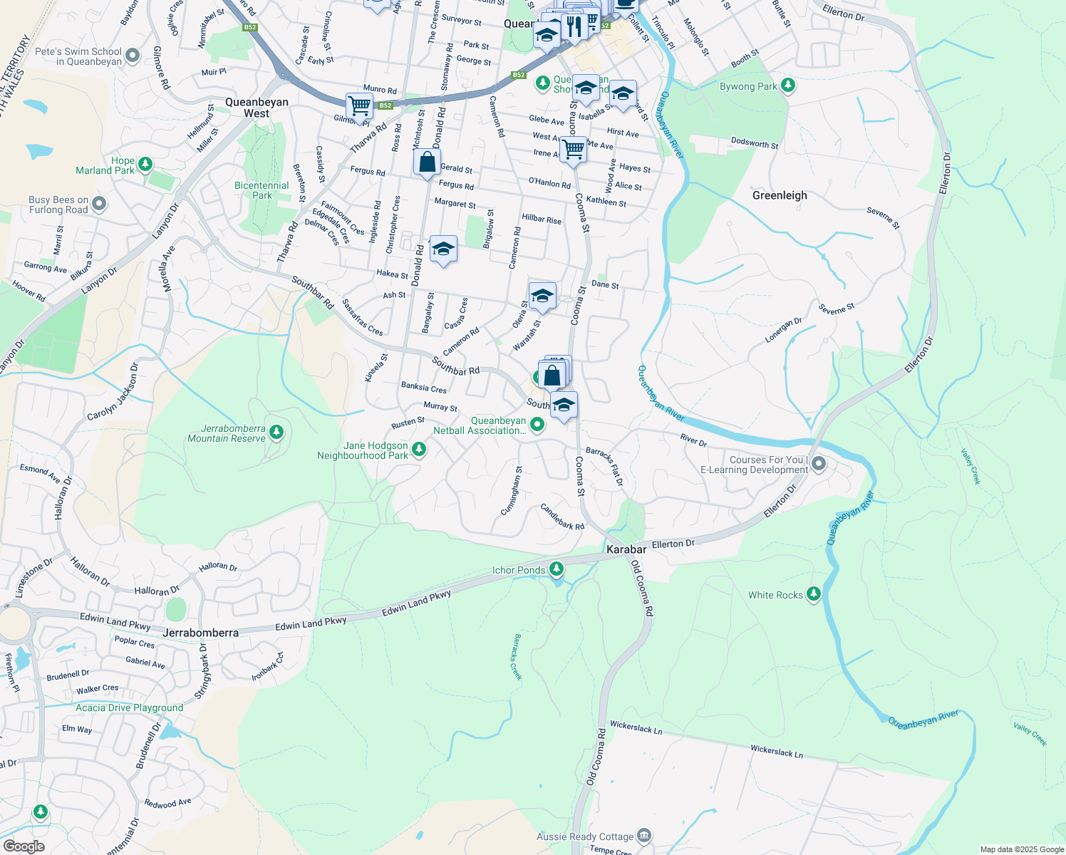 map of restaurants, bars, coffee shops, grocery stores, and more near 1 Thornton Road in Karabar