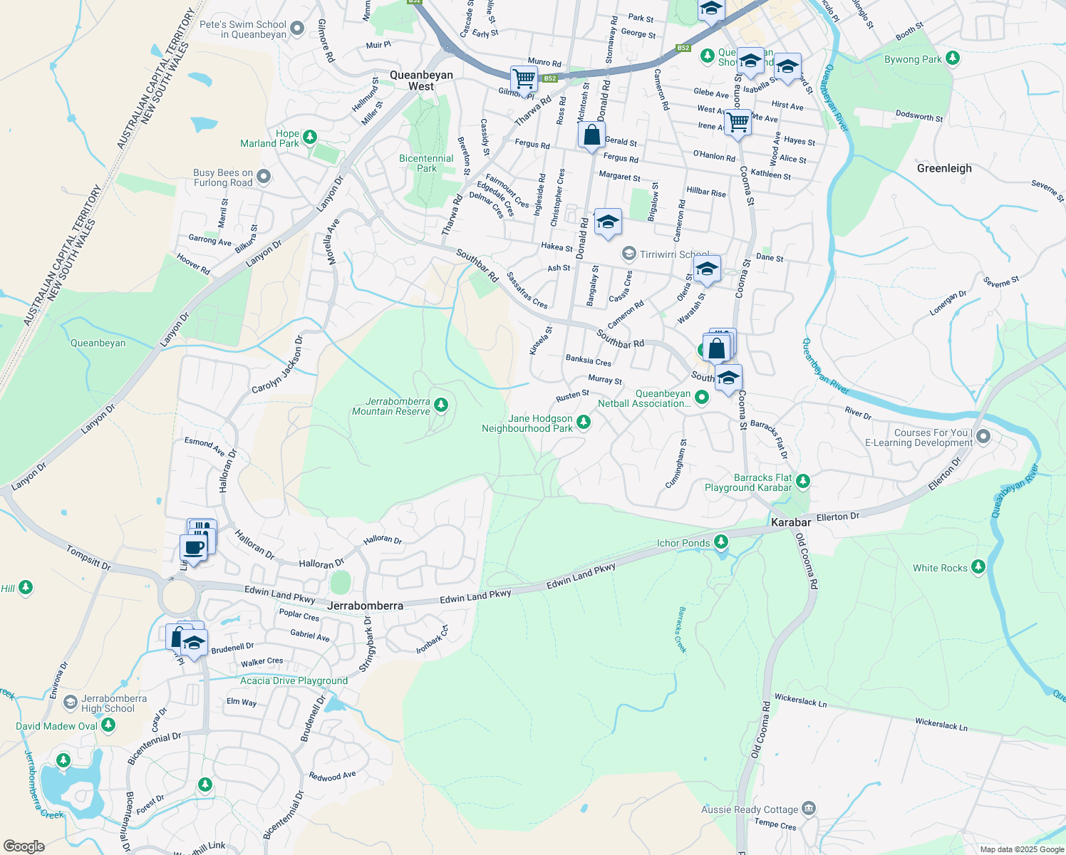 map of restaurants, bars, coffee shops, grocery stores, and more near 43 Conway Street in Karabar