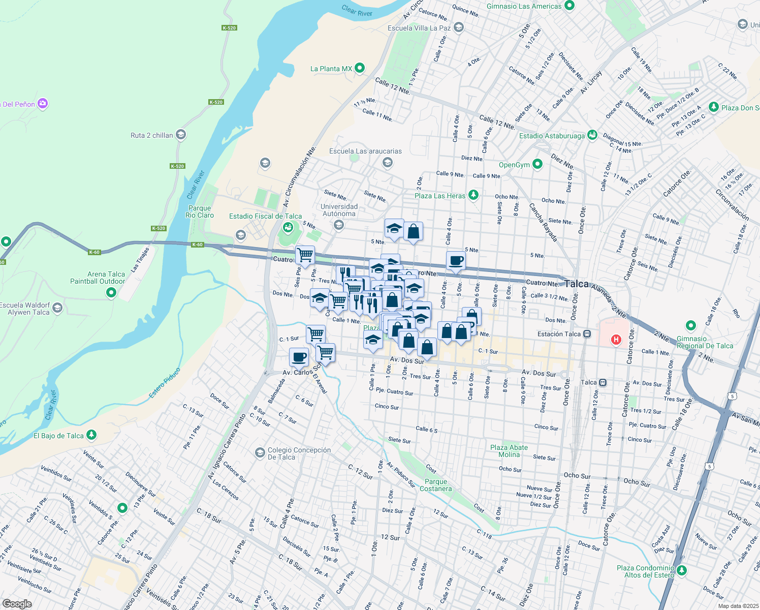 map of restaurants, bars, coffee shops, grocery stores, and more near 720 Dos Norte in Talca