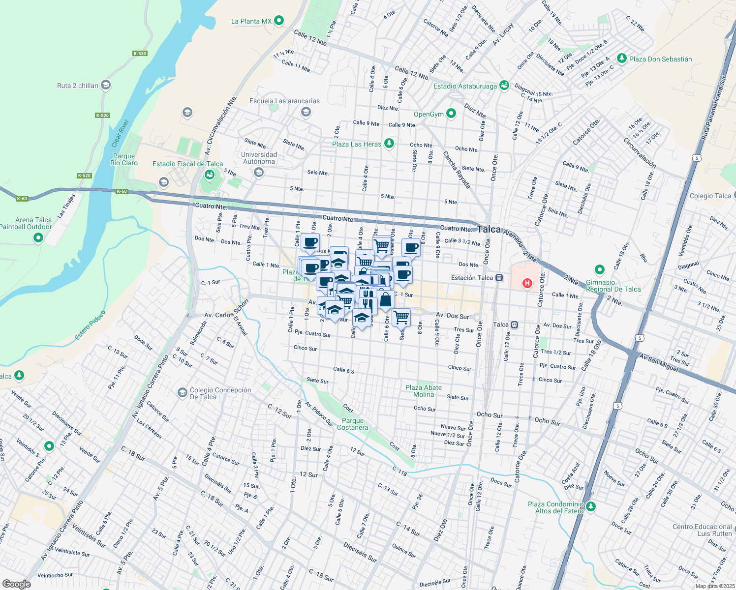 map of restaurants, bars, coffee shops, grocery stores, and more near 1085 5 Oriente in Talca