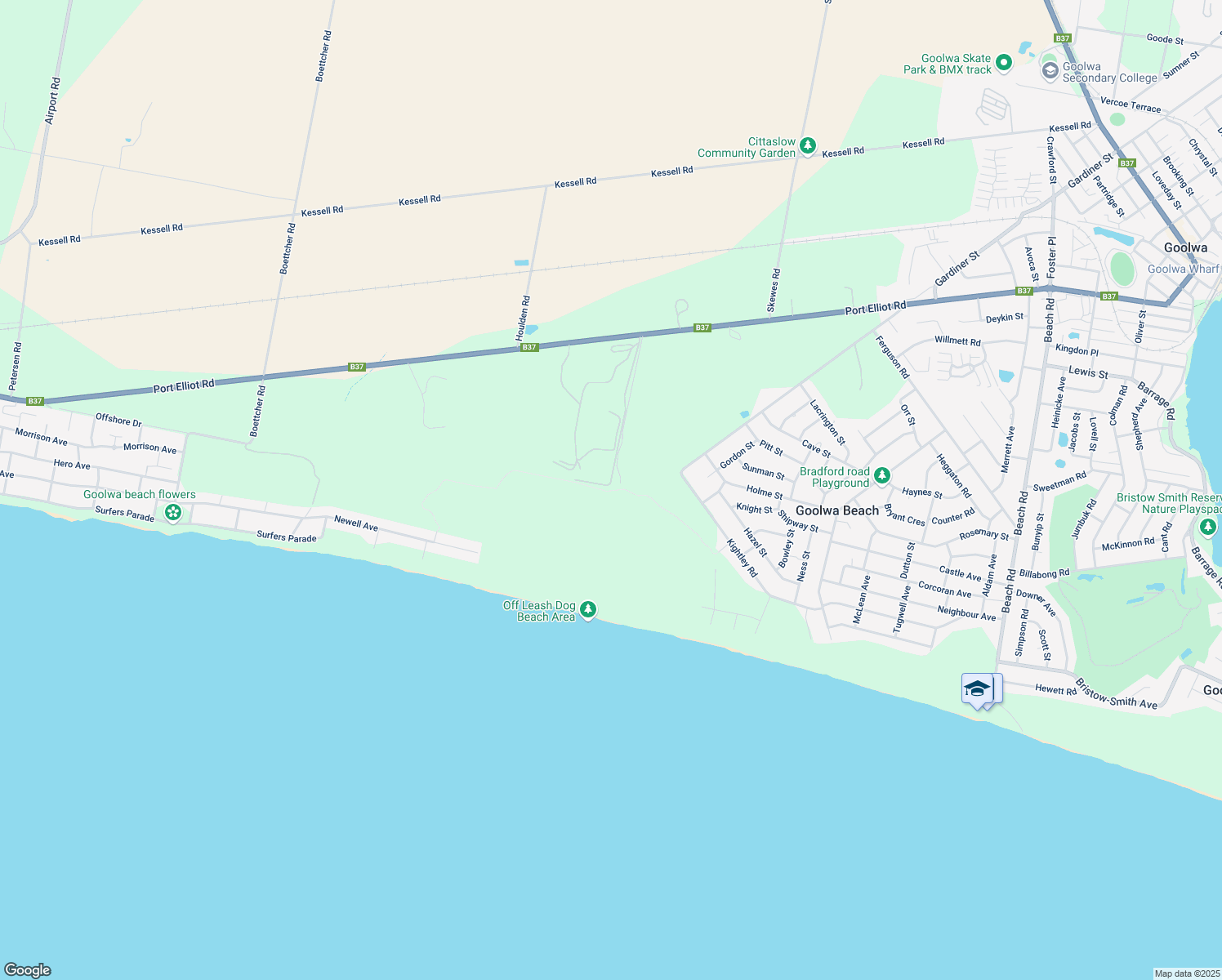 map of restaurants, bars, coffee shops, grocery stores, and more near Andrew Avenue in Goolwa Beach