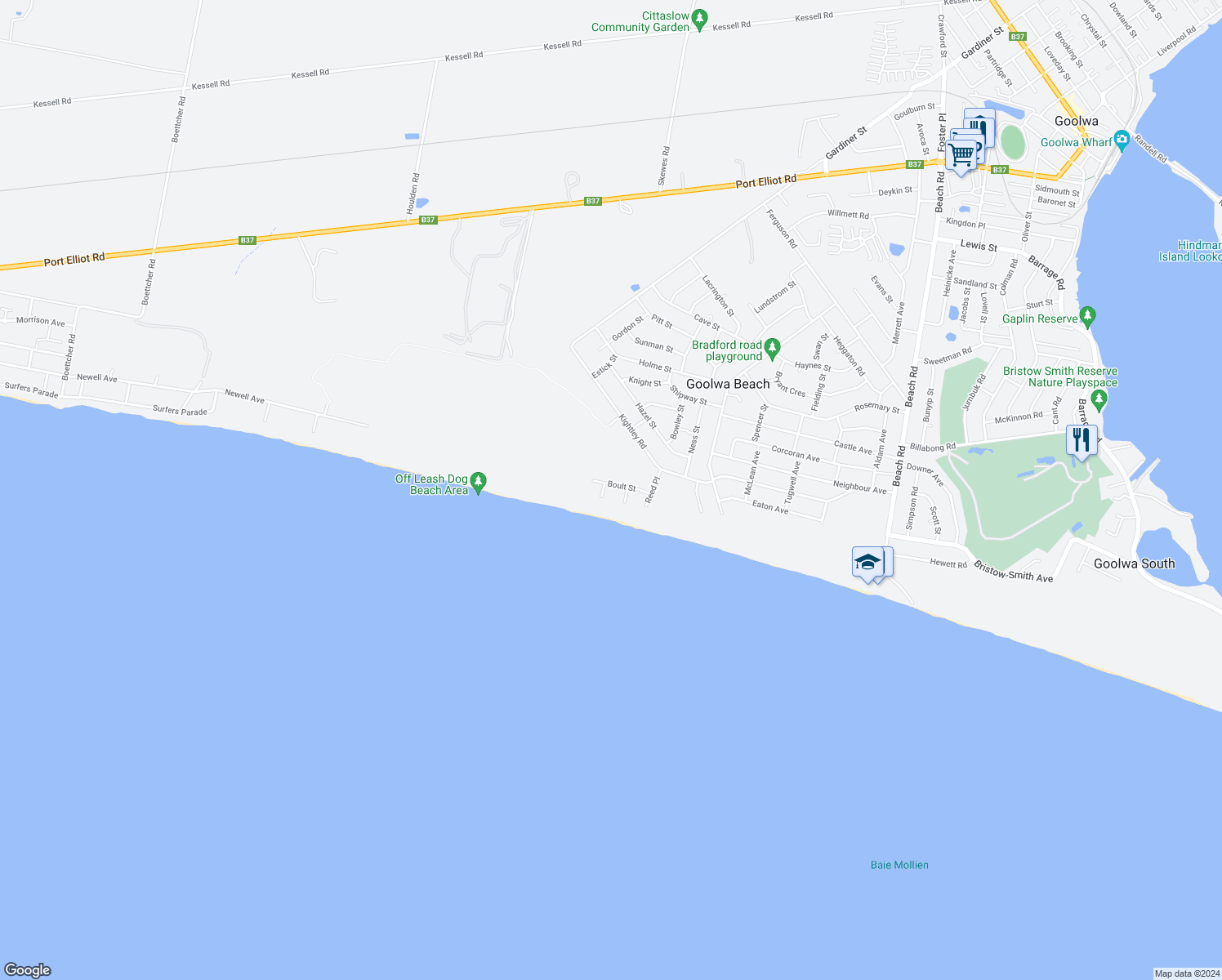 map of restaurants, bars, coffee shops, grocery stores, and more near 17 Boult Street in Goolwa Beach