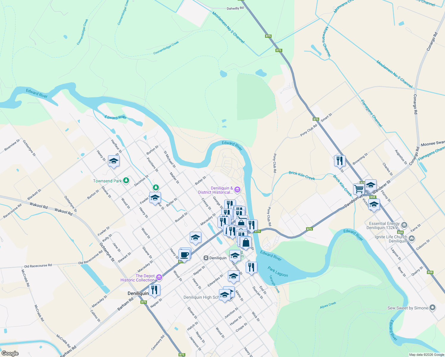 map of restaurants, bars, coffee shops, grocery stores, and more near 449 Charlotte Street in Deniliquin