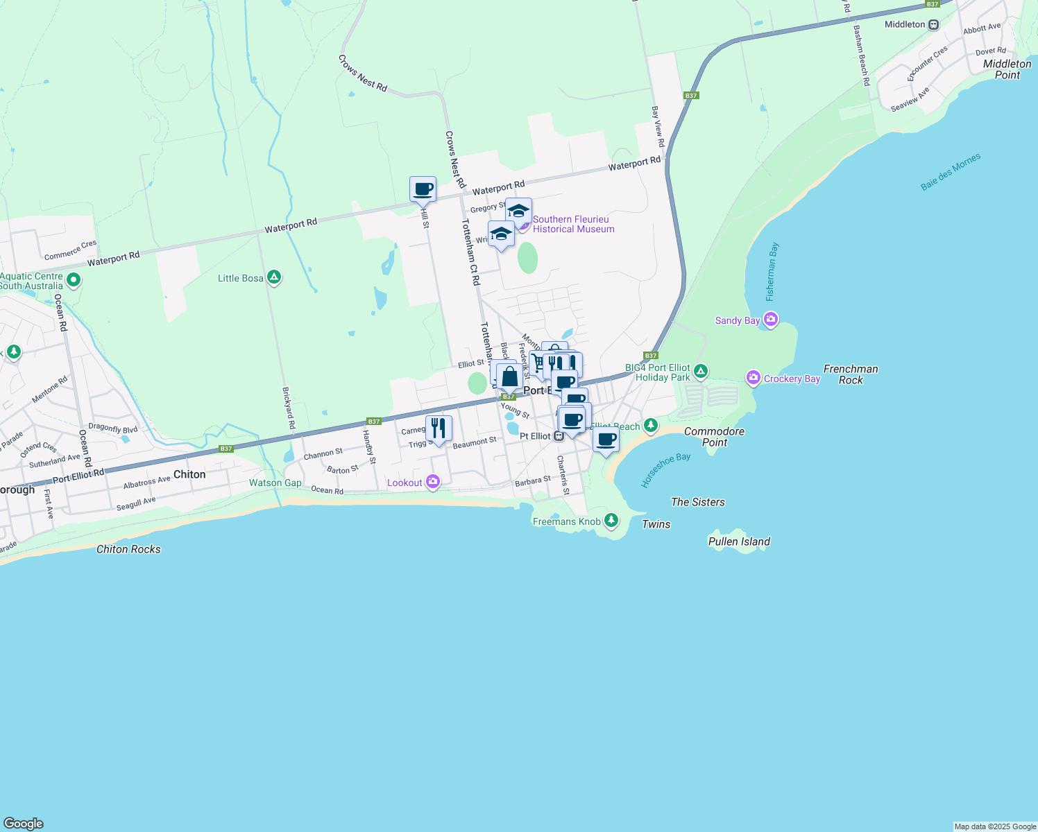 map of restaurants, bars, coffee shops, grocery stores, and more near 8 Young Street in Port Elliot