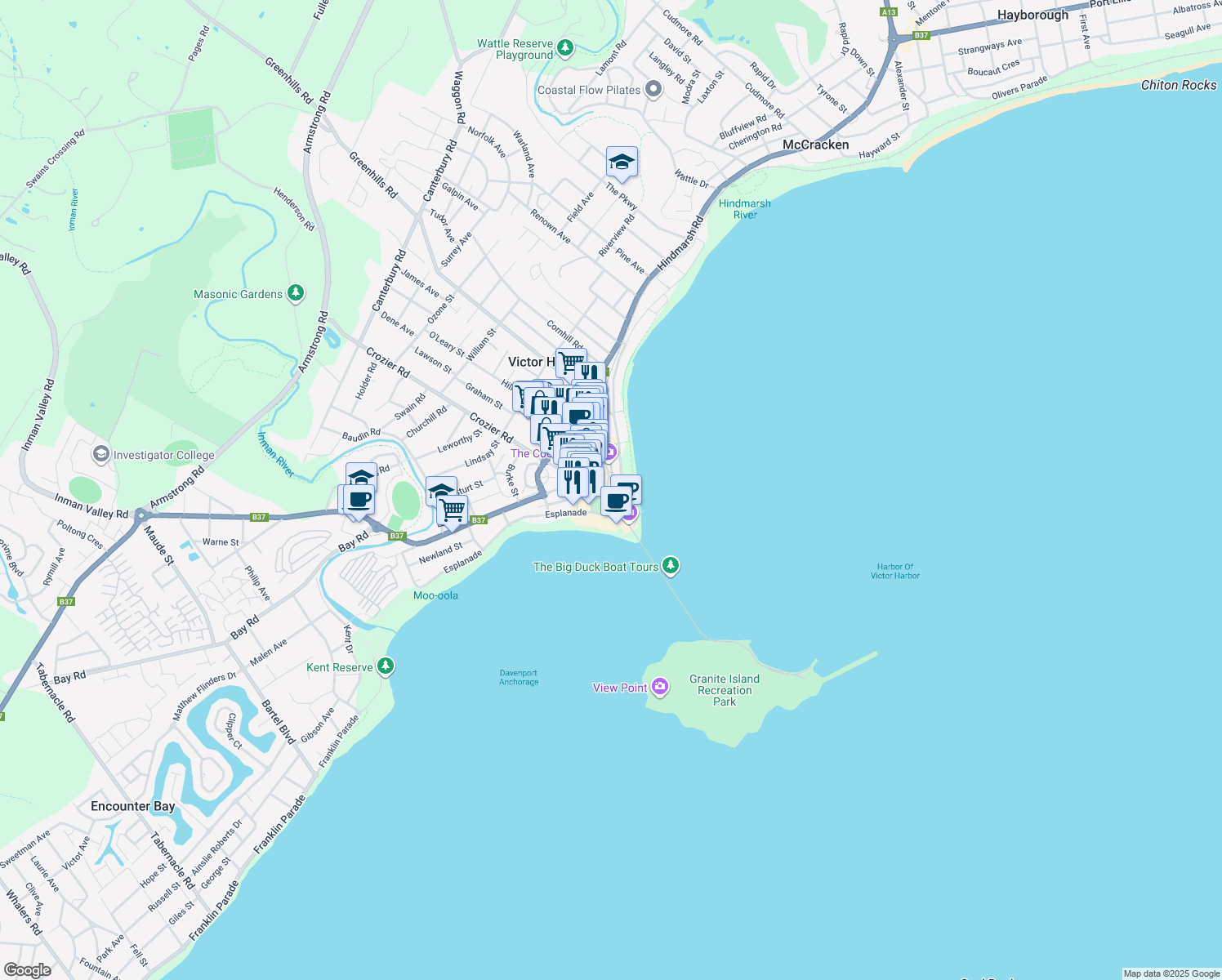 map of restaurants, bars, coffee shops, grocery stores, and more near 2 Railway Terrace in Victor Harbor