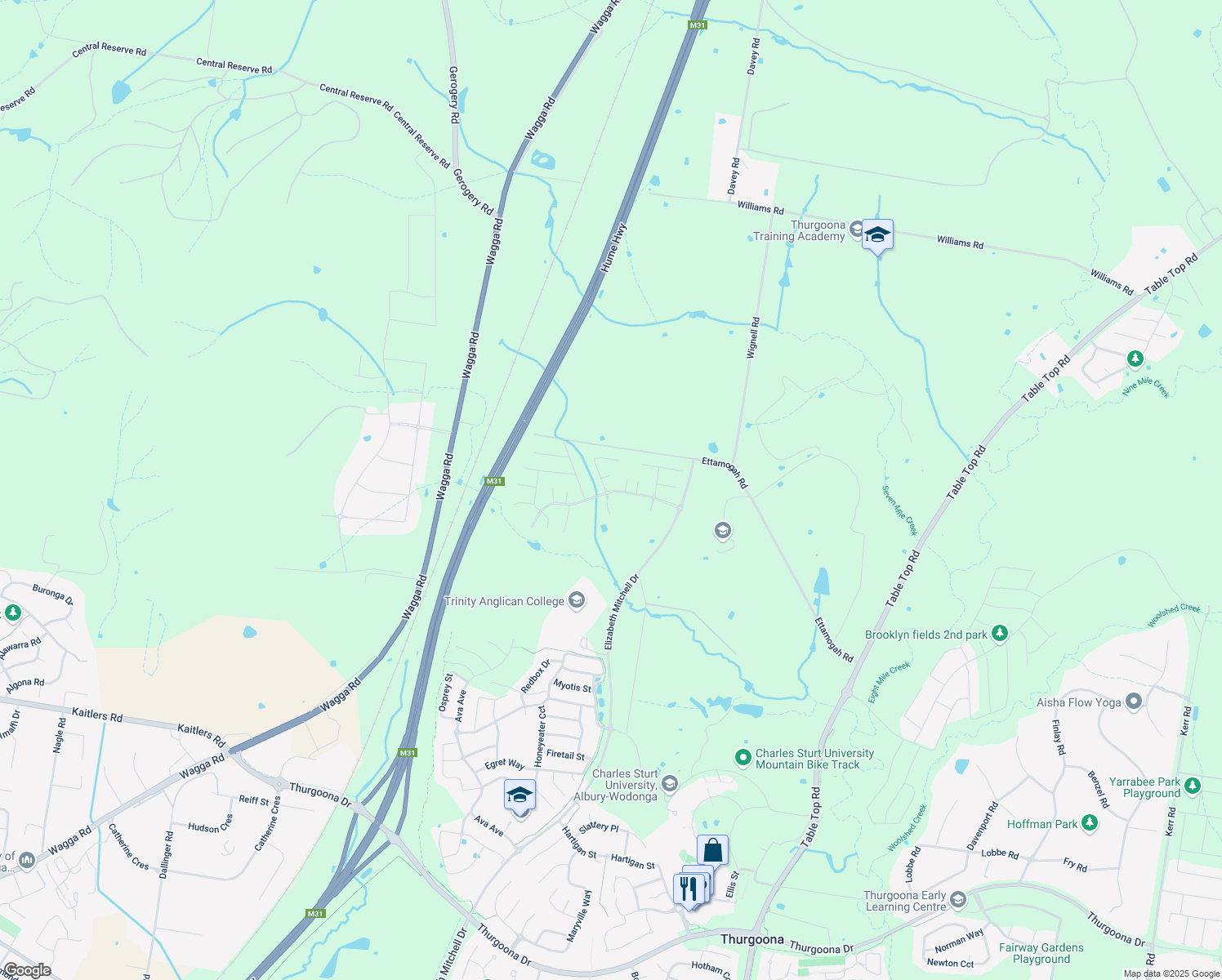 map of restaurants, bars, coffee shops, grocery stores, and more near Elizabeth Mitchell Drive in Thurgoona