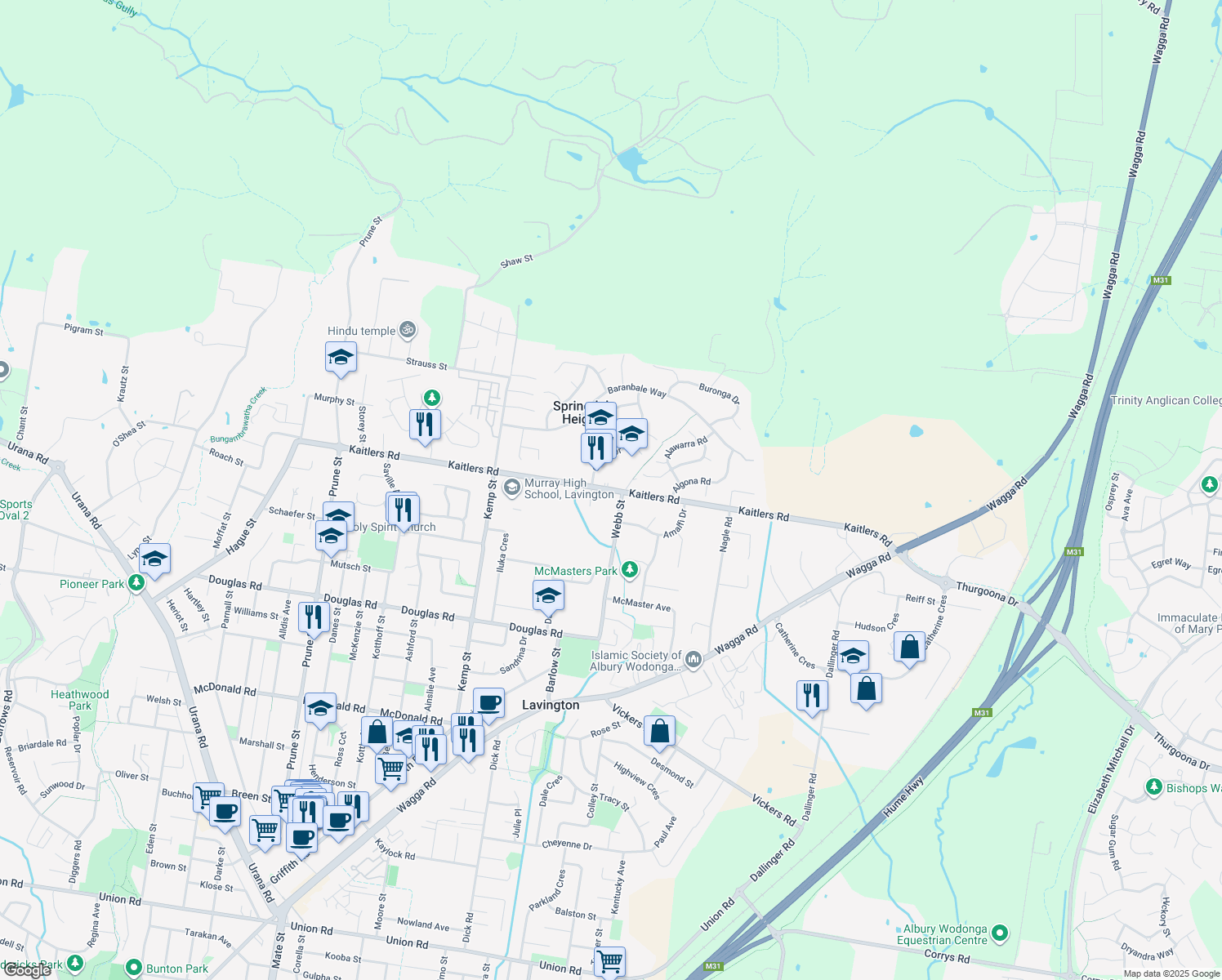 map of restaurants, bars, coffee shops, grocery stores, and more near Kaitlers Road in Lavington