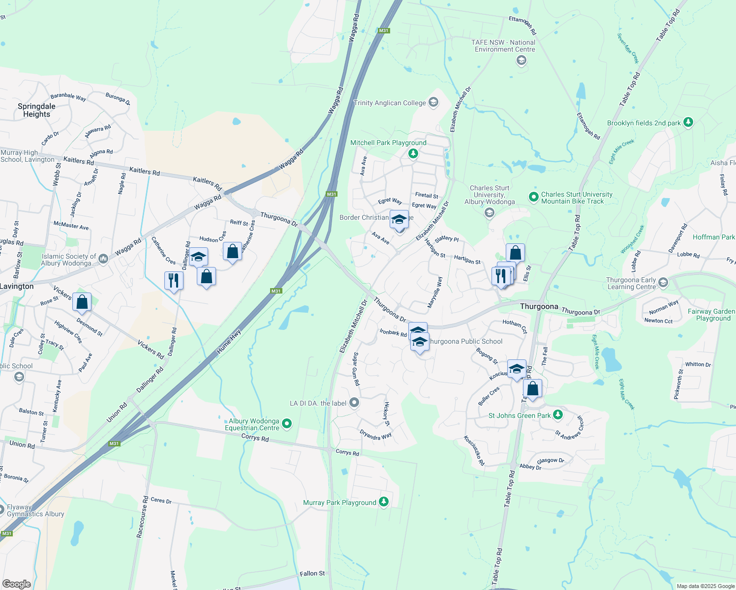 map of restaurants, bars, coffee shops, grocery stores, and more near Elizabeth Mitchell Drive in Thurgoona