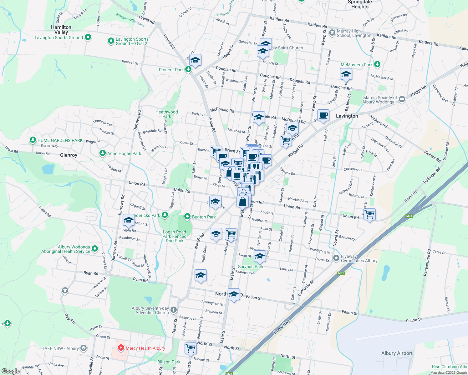 map of restaurants, bars, coffee shops, grocery stores, and more near 319 Urana Road in Lavington