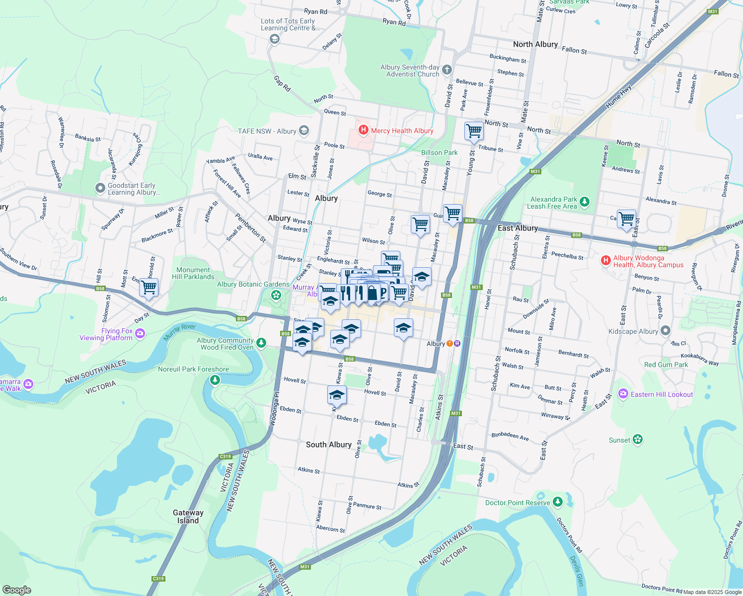 map of restaurants, bars, coffee shops, grocery stores, and more near Dean Street in Albury