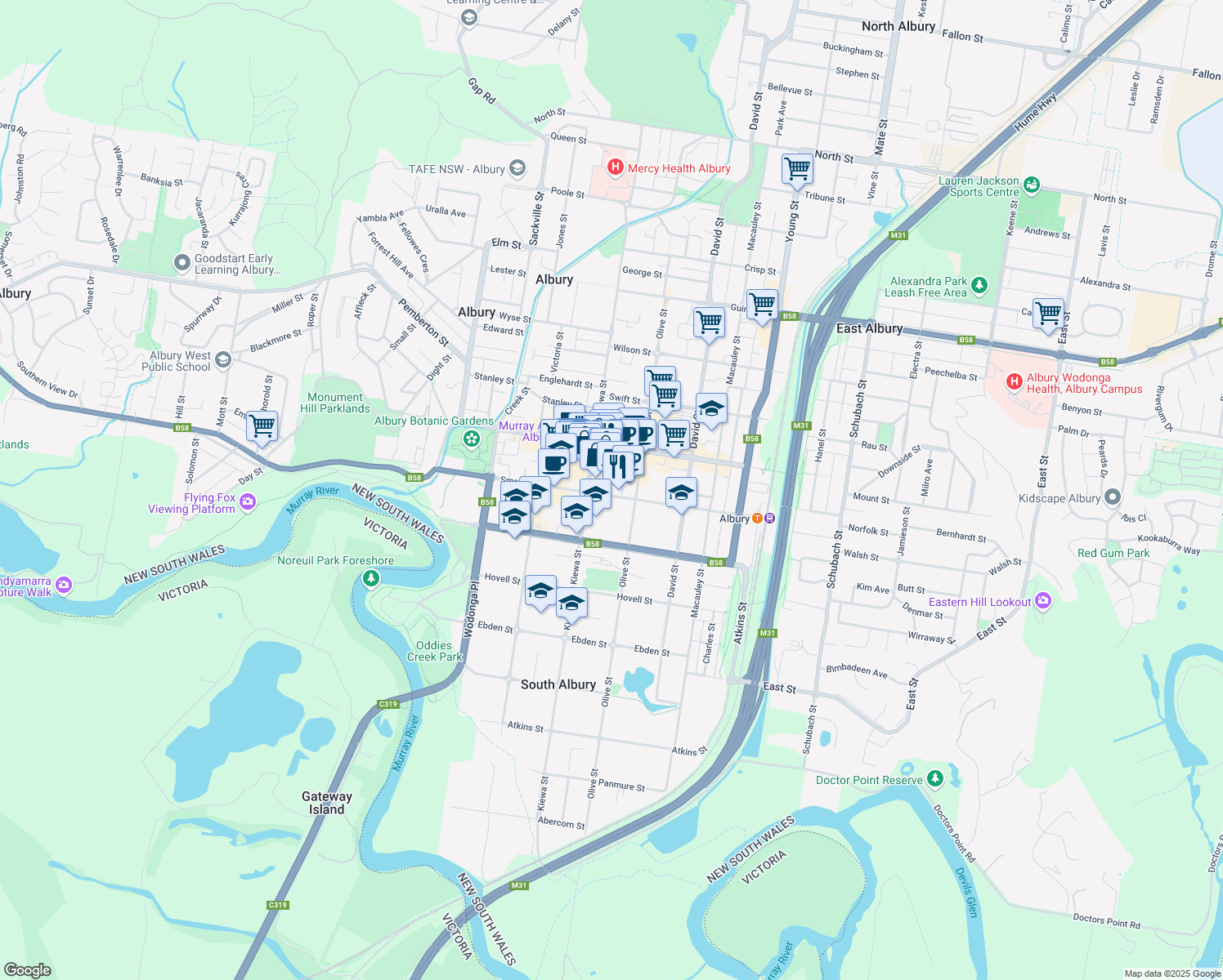 map of restaurants, bars, coffee shops, grocery stores, and more near 520 Smollett Street in Albury