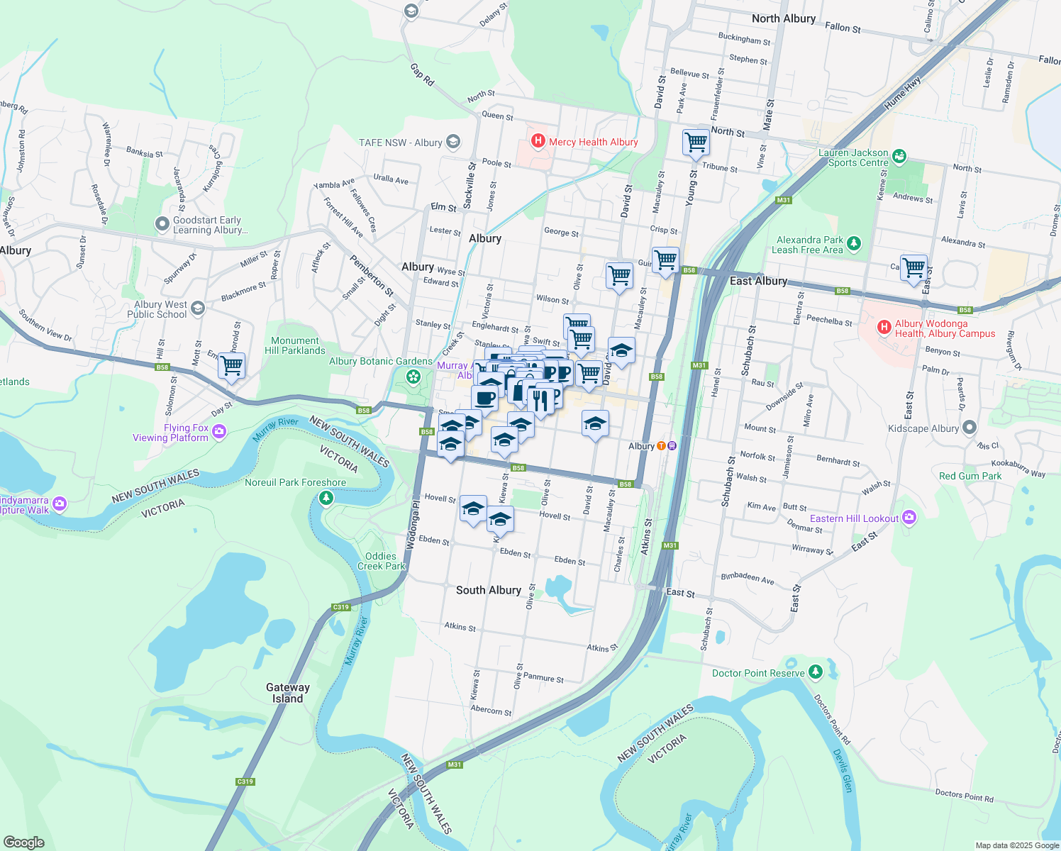 map of restaurants, bars, coffee shops, grocery stores, and more near 520 Smollett Street in Albury