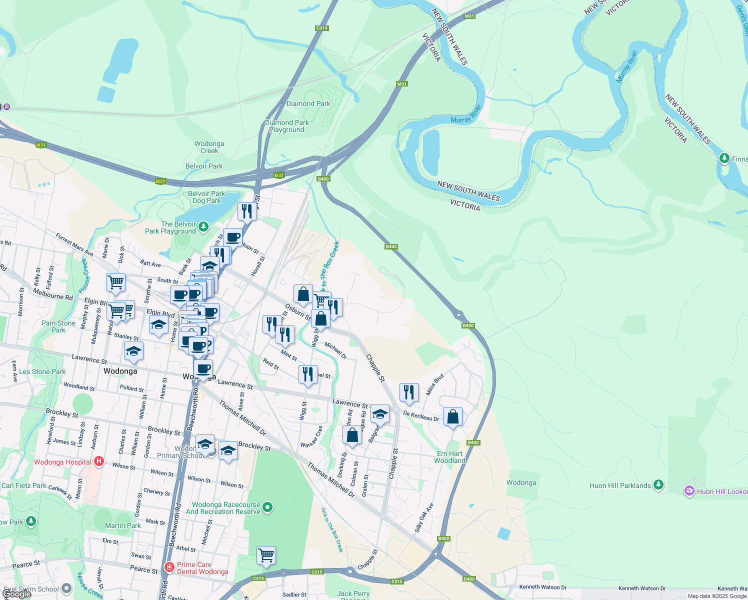 map of restaurants, bars, coffee shops, grocery stores, and more near 11 Kane Road in Wodonga
