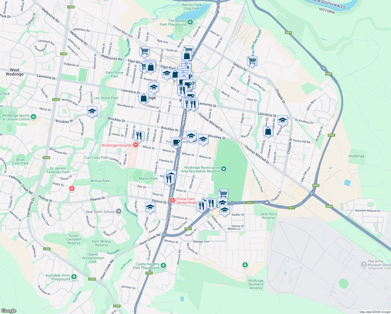 map of restaurants, bars, coffee shops, grocery stores, and more near 1 Wilson Street in Wodonga