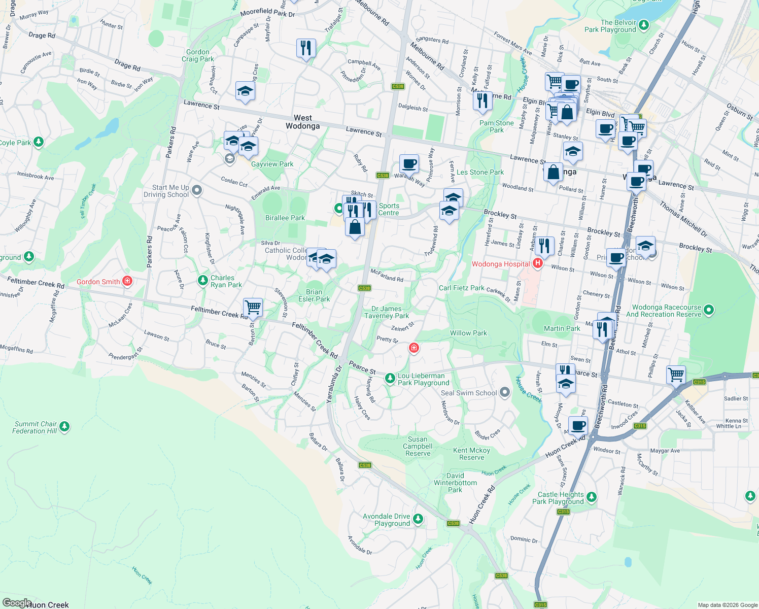map of restaurants, bars, coffee shops, grocery stores, and more near 5 Norm Court in Wodonga