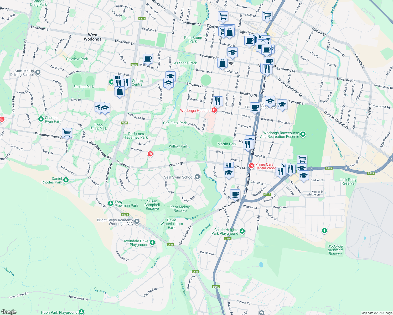 map of restaurants, bars, coffee shops, grocery stores, and more near Pearce Street in Wodonga