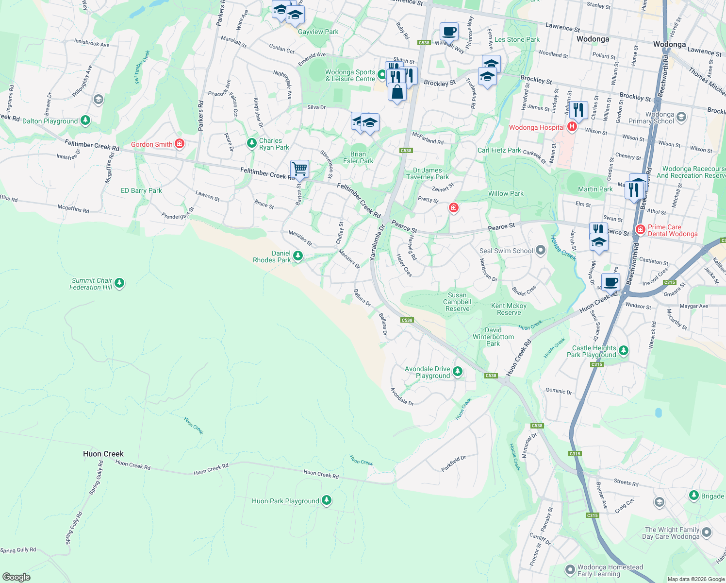 map of restaurants, bars, coffee shops, grocery stores, and more near 7 Latrobe Court in West Wodonga