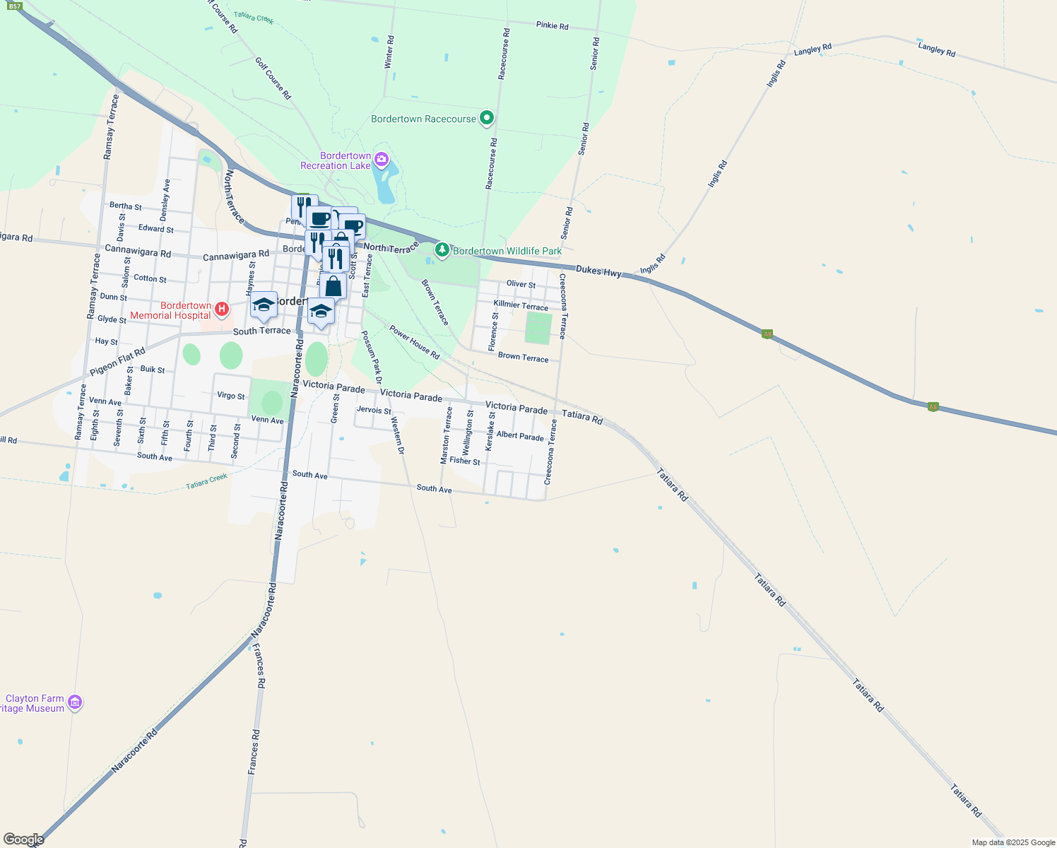 map of restaurants, bars, coffee shops, grocery stores, and more near 103 Brompton Street in Bordertown