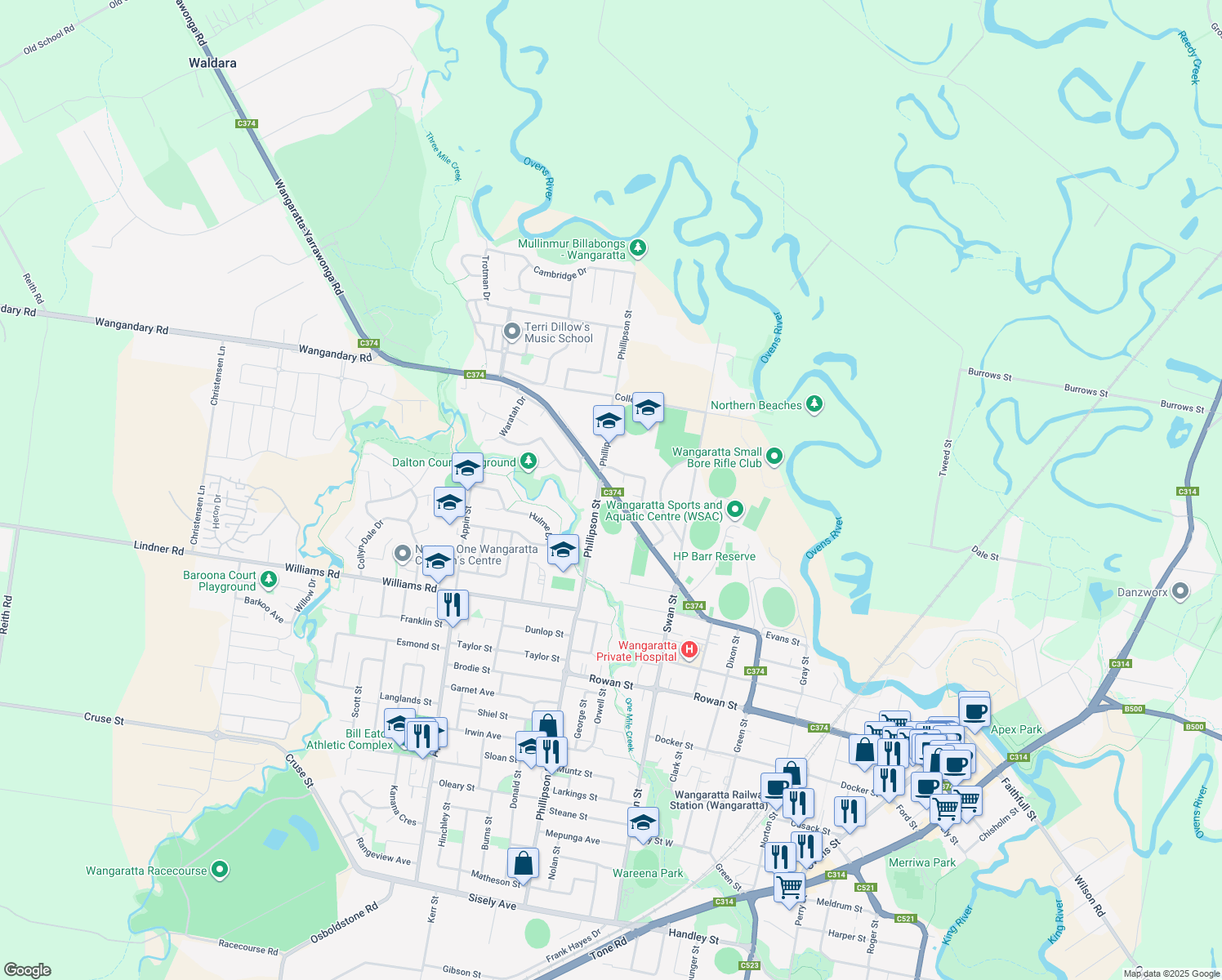map of restaurants, bars, coffee shops, grocery stores, and more near Edwards Street in Wangaratta