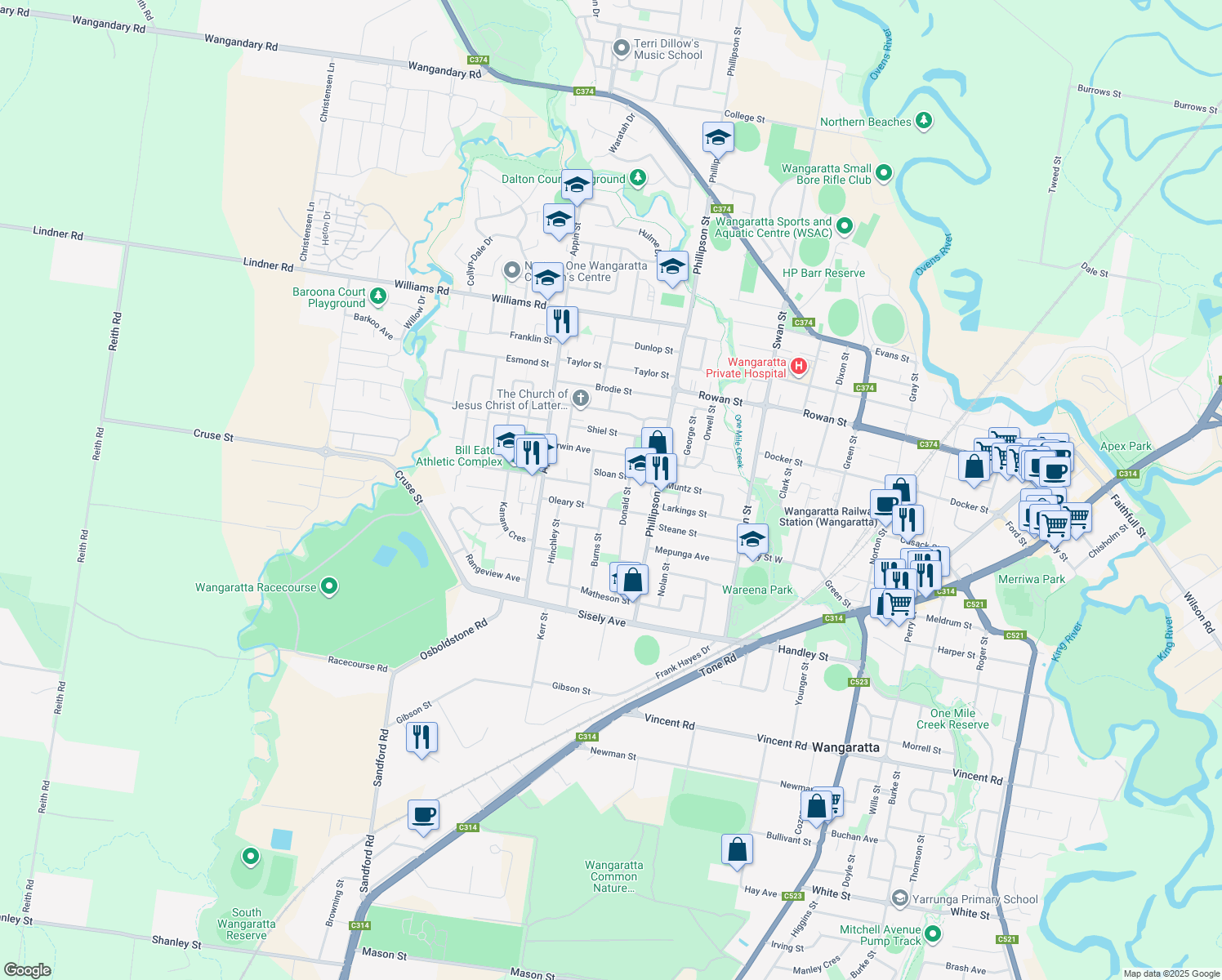 map of restaurants, bars, coffee shops, grocery stores, and more near 9 Brien Crescent in Wangaratta