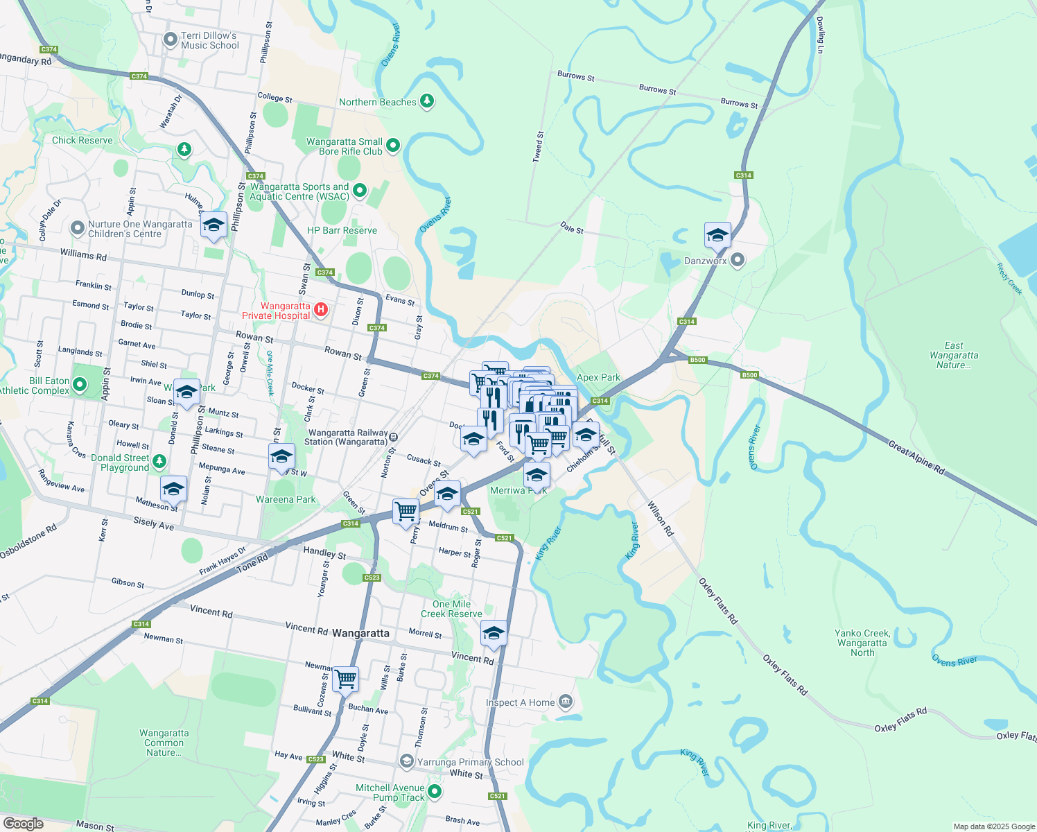 map of restaurants, bars, coffee shops, grocery stores, and more near 76 Ovens Street in Wangaratta