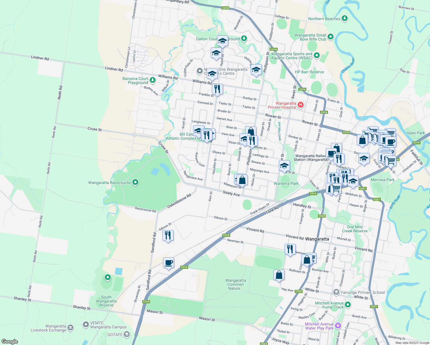 map of restaurants, bars, coffee shops, grocery stores, and more near 10 Hinchley Street in Wangaratta