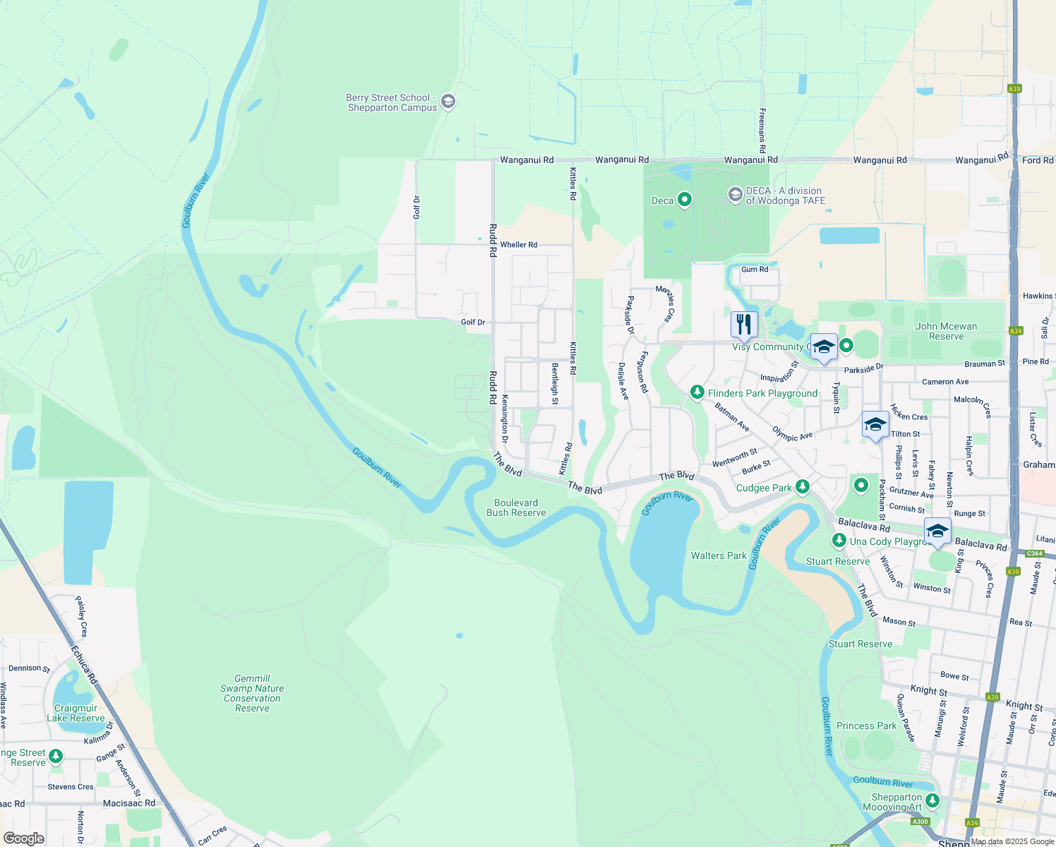 map of restaurants, bars, coffee shops, grocery stores, and more near in Shepparton