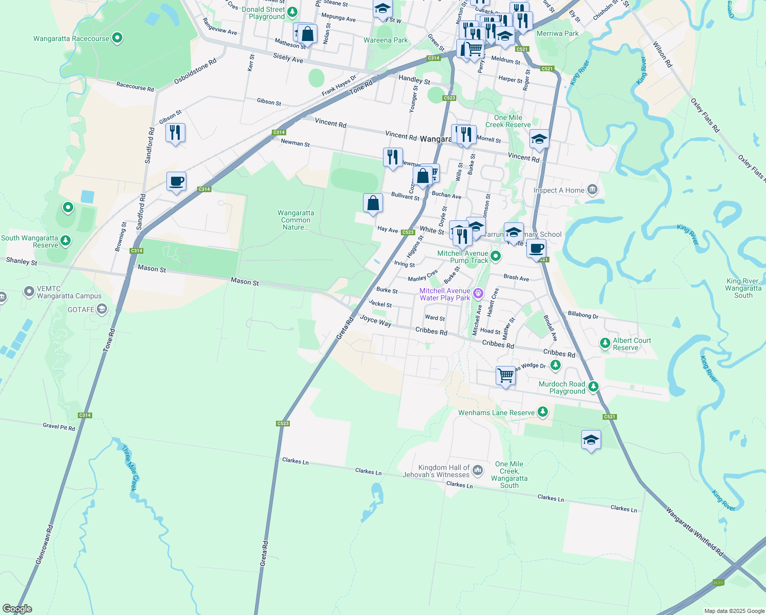 map of restaurants, bars, coffee shops, grocery stores, and more near 23 Jackel Street in Wangaratta