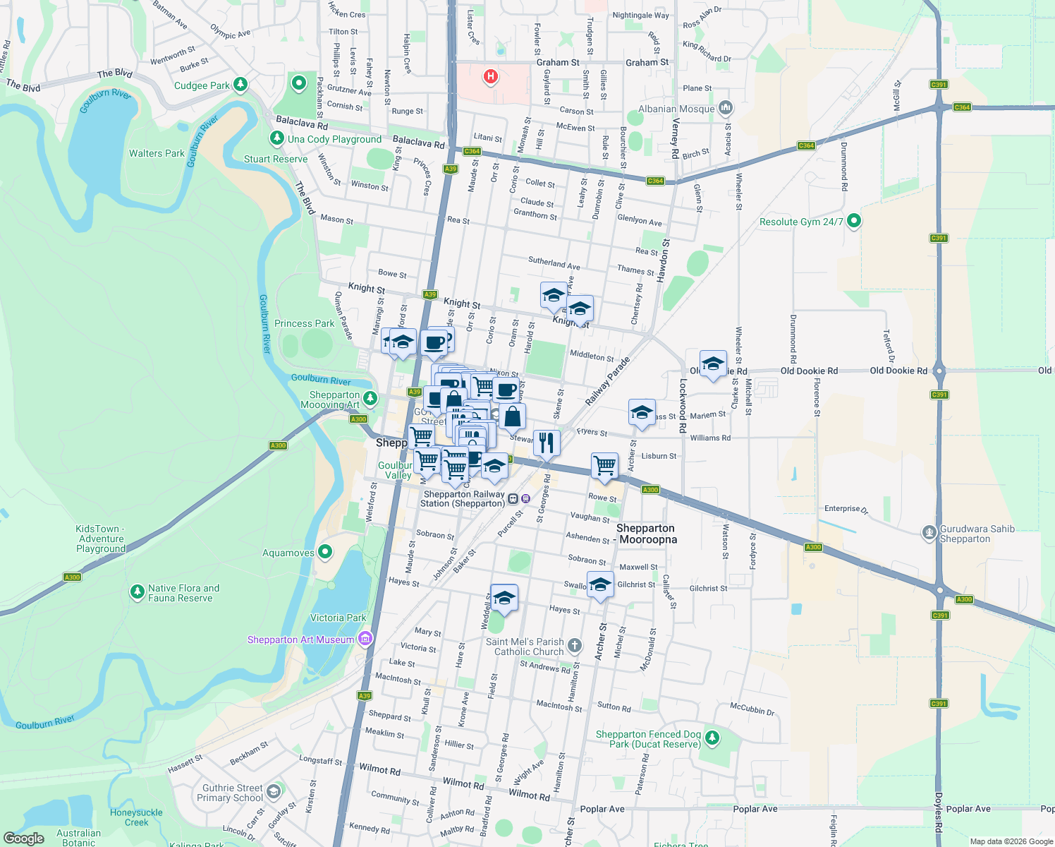 map of restaurants, bars, coffee shops, grocery stores, and more near 212 Fryers Street in Shepparton