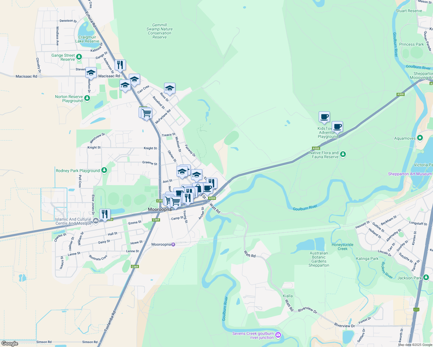 map of restaurants, bars, coffee shops, grocery stores, and more near 30 Park Street in Mooroopna