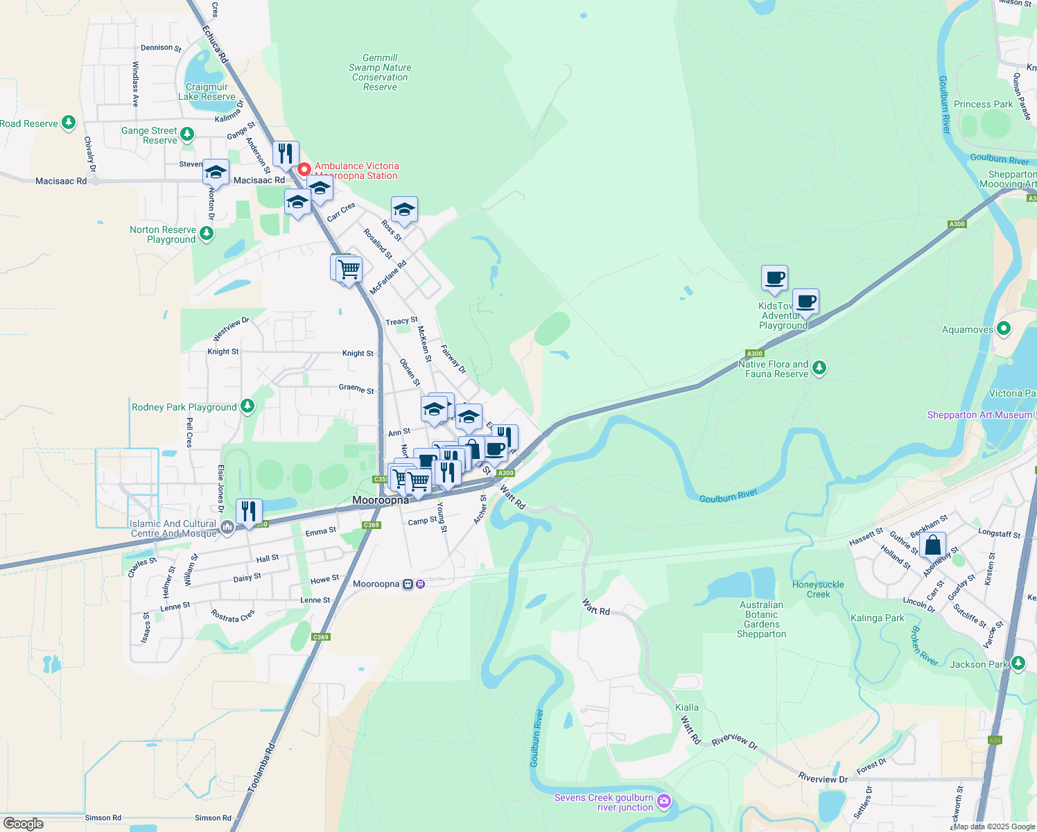 map of restaurants, bars, coffee shops, grocery stores, and more near 30 Park Street in Mooroopna